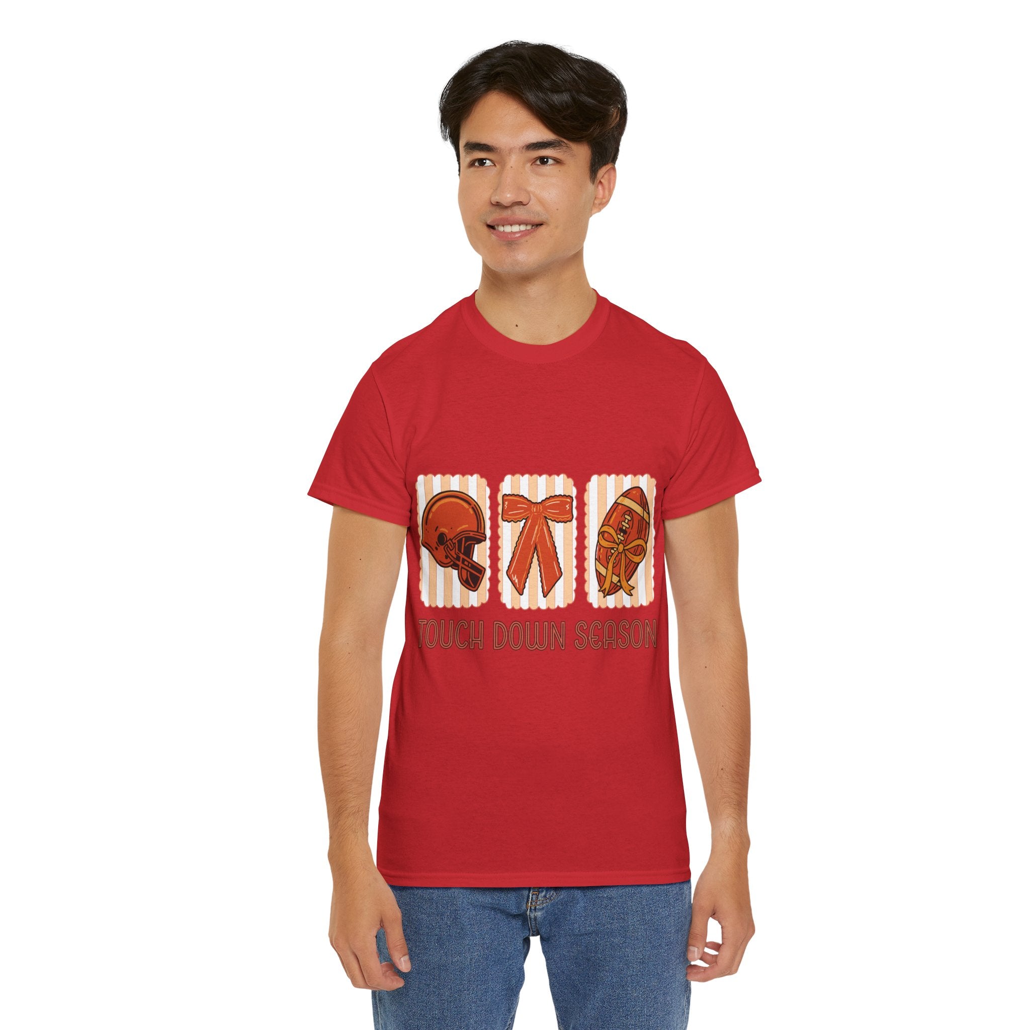 Touch Down Season Football Tee — Striped Fall Helmet & Bow Design Unisex Cotton Tee