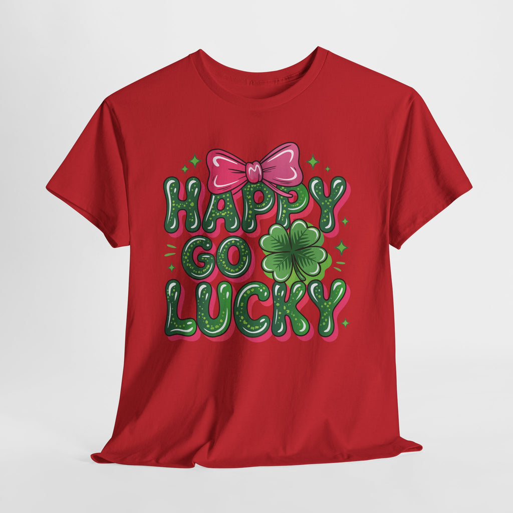 Happy Go Lucky Four-Leaf Clover Tee — Glossy Green Letters & Pink Bow Unisex Cotton Tee