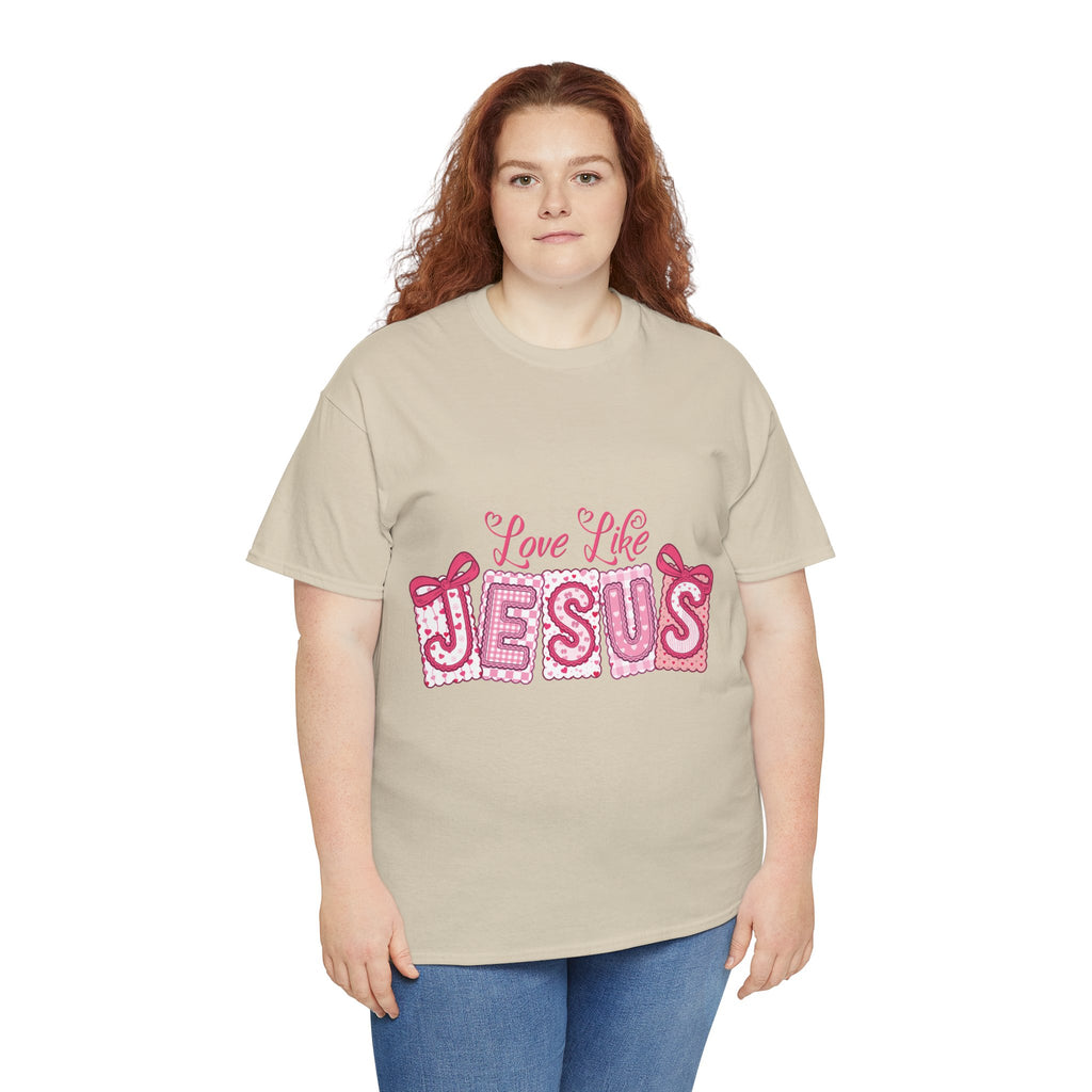 Love Like Jesus Patchwork Tee — Pink Stitched Heart Graphic.Unisex Cotton Tee