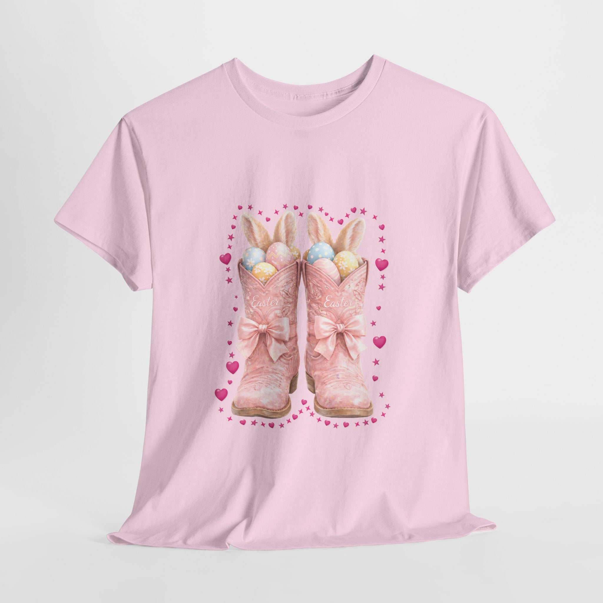 Easter Pink Western Boots Tee — Pastel Bunny Eggs & Bows Unisex Cotton Tee