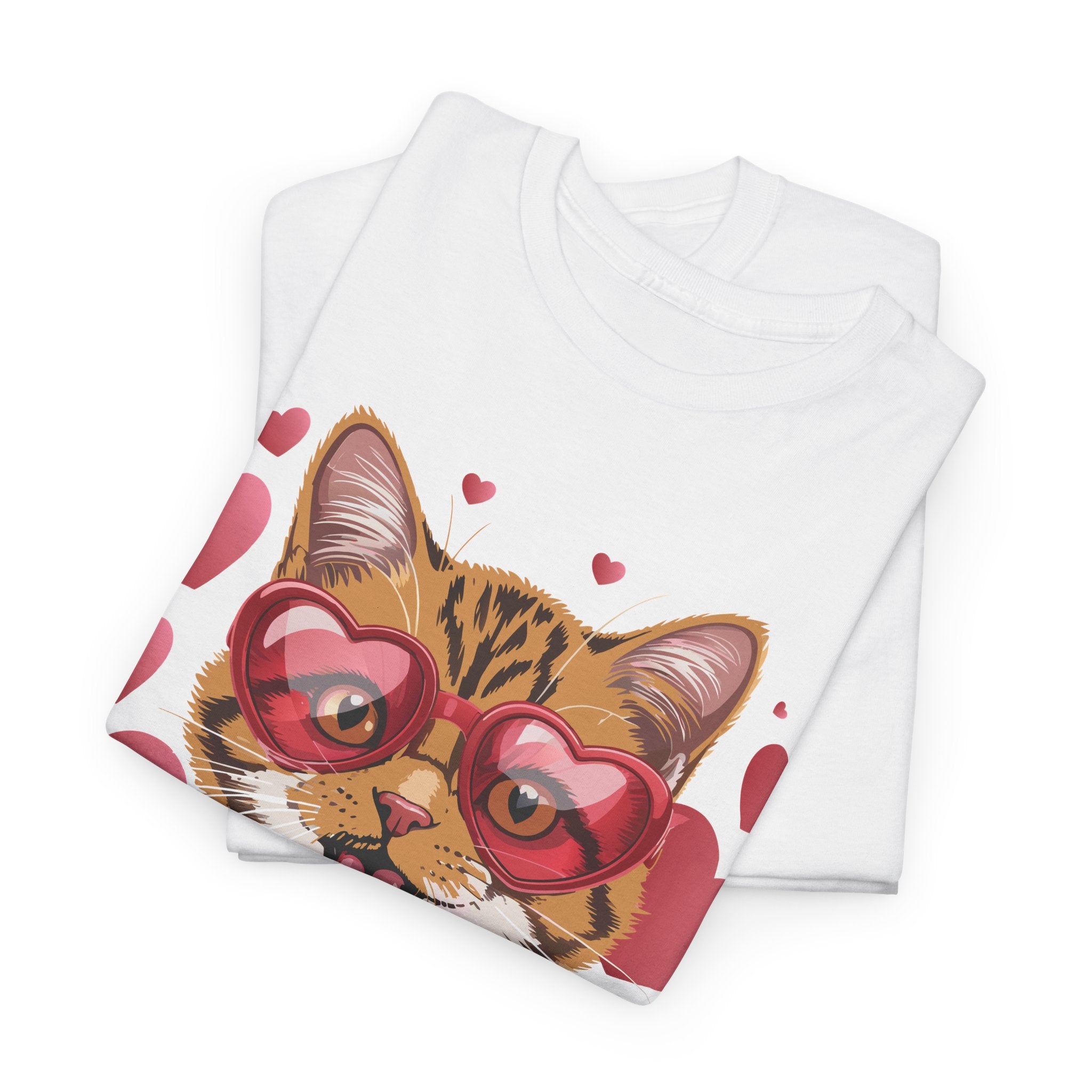 Valentine Cat Tee — Heart Glasses, Lollipop Bow Unisex Cotton Tee