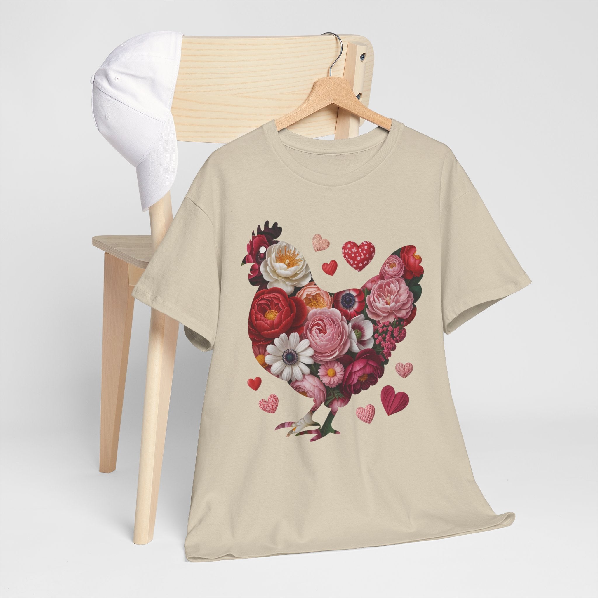 Floral Chicken Heart Tee — Red & Pink Flower Silhouette Unisex Cotton Tee