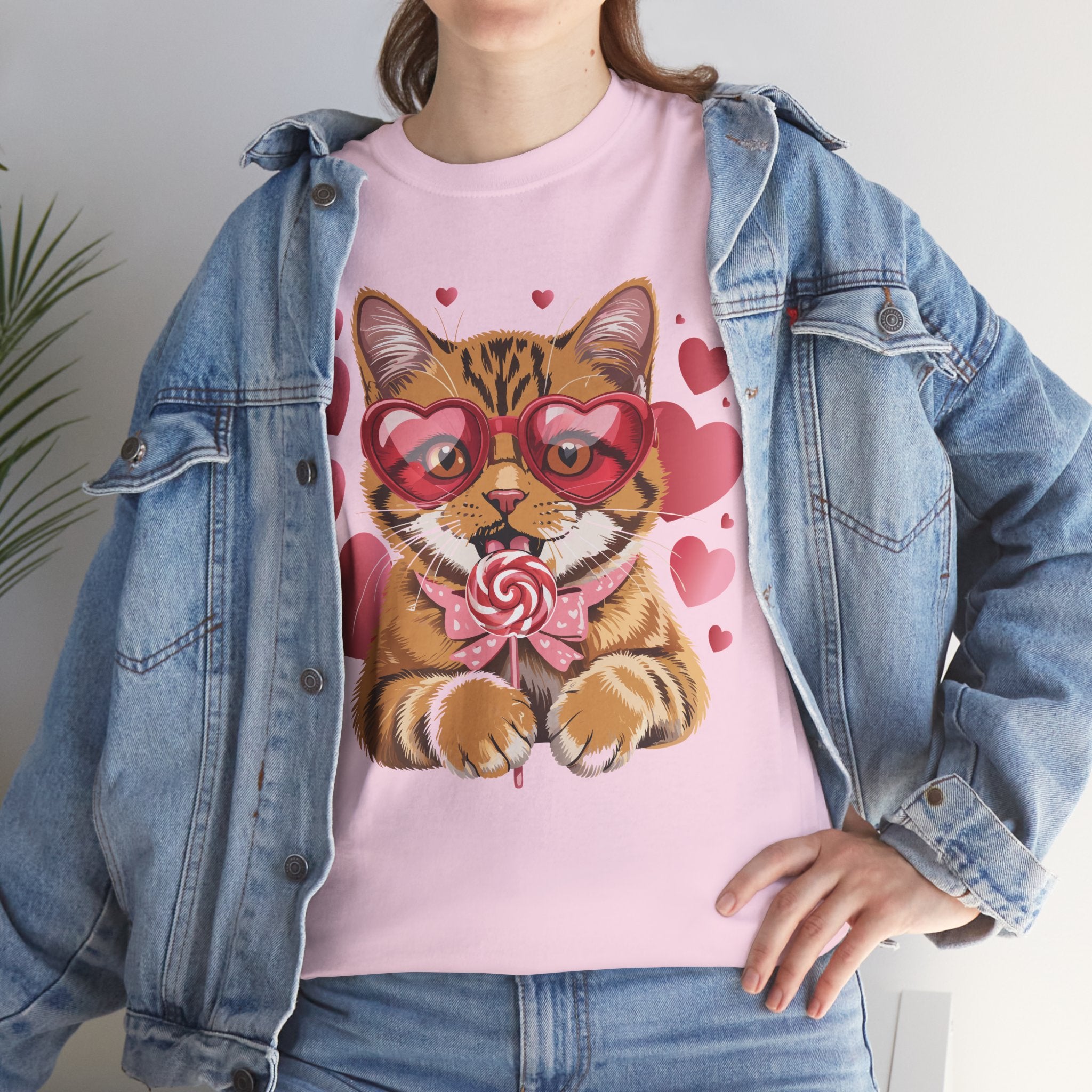 Valentine Cat Tee — Heart Glasses, Lollipop Bow Unisex Cotton Tee