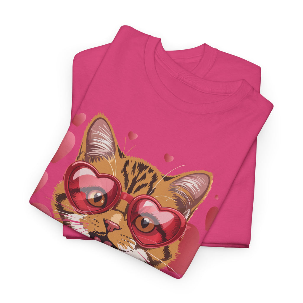 Valentine Cat Tee — Heart Glasses, Lollipop Bow Unisex Cotton Tee