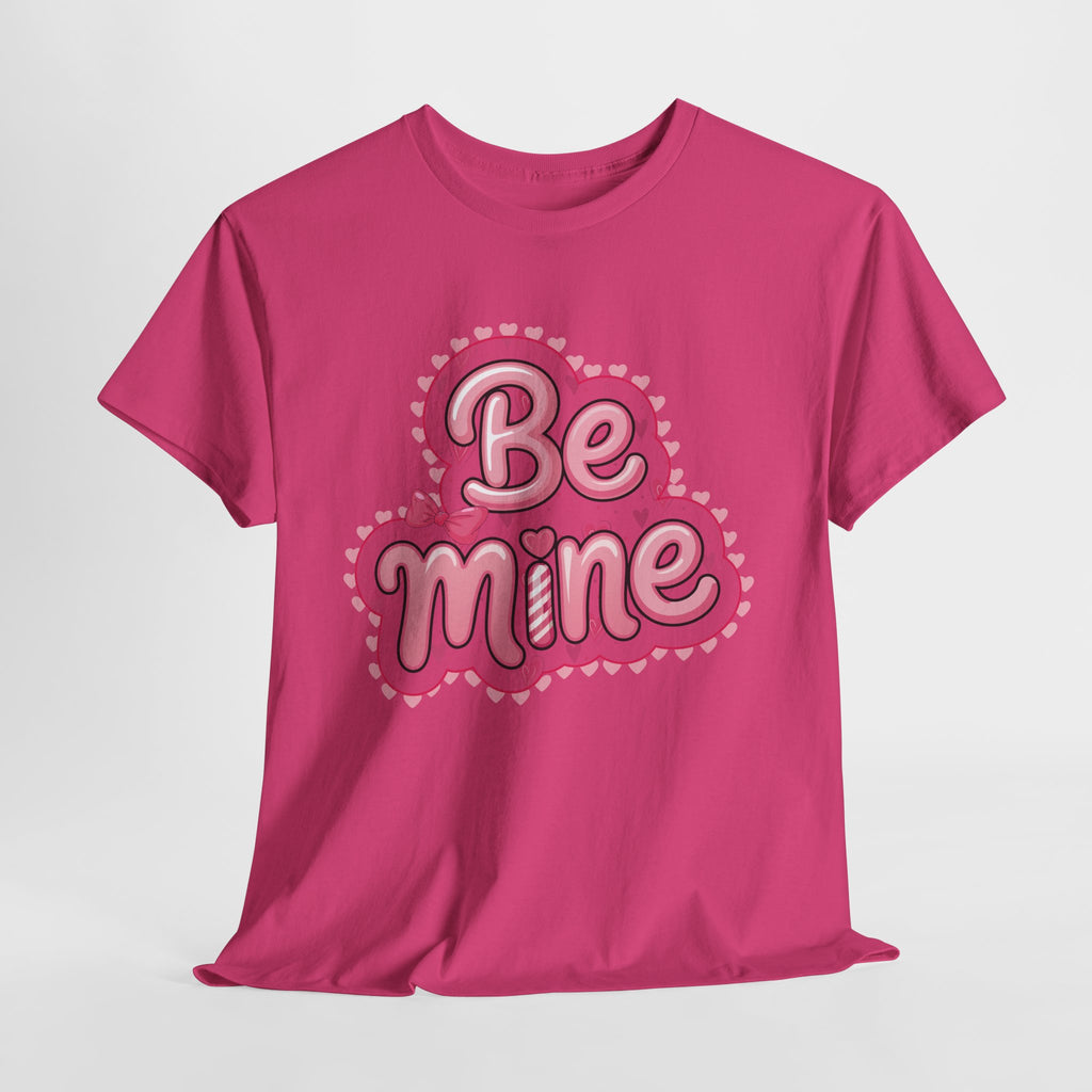 Be Mine Valentine T-Shirt — Pink Bubble Letters with Hearts & Bow..Unisex Cotton Tee