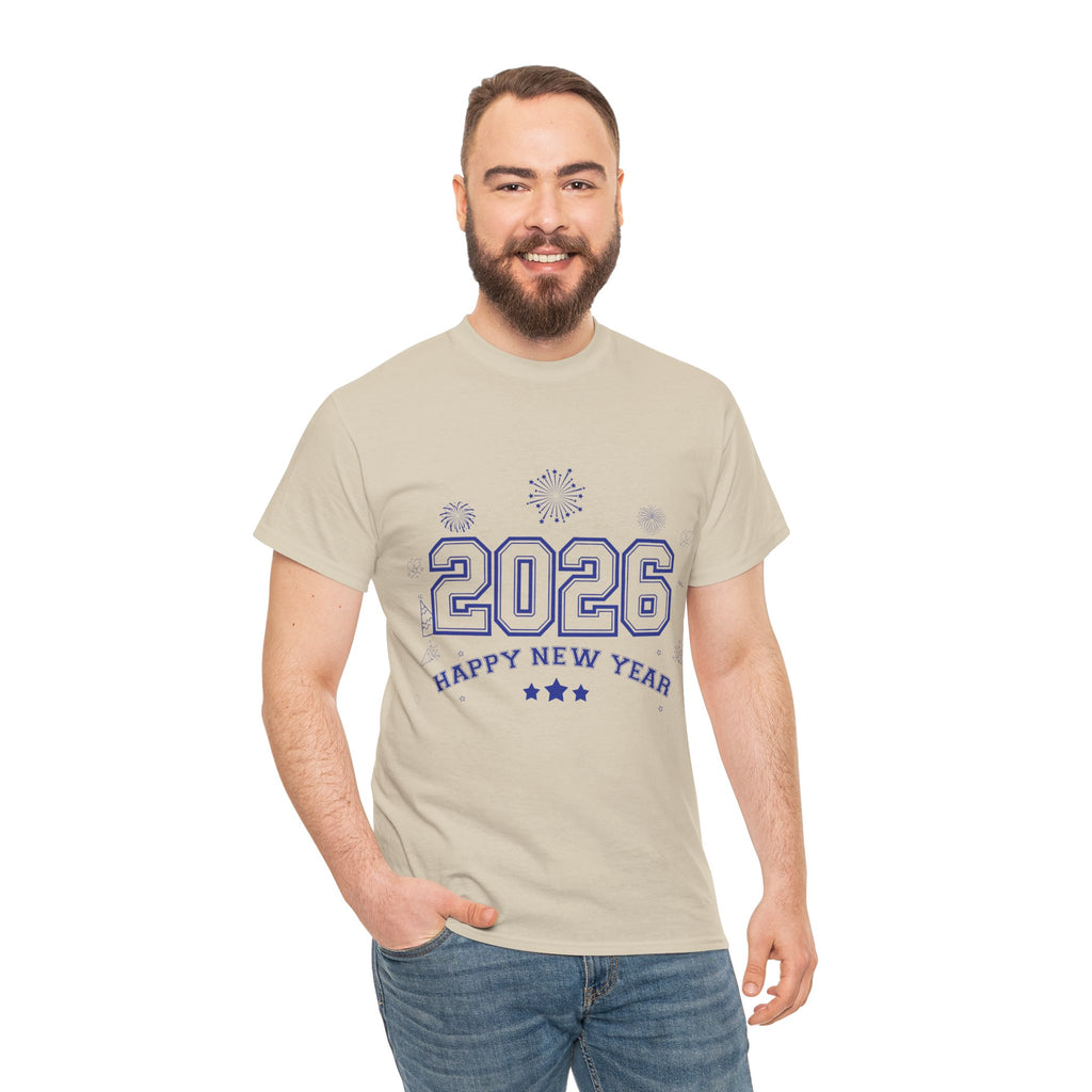 Happy New Year 2026 Varsity Tee — Fireworks & Confetti Celebration Unisex Cotton Tee