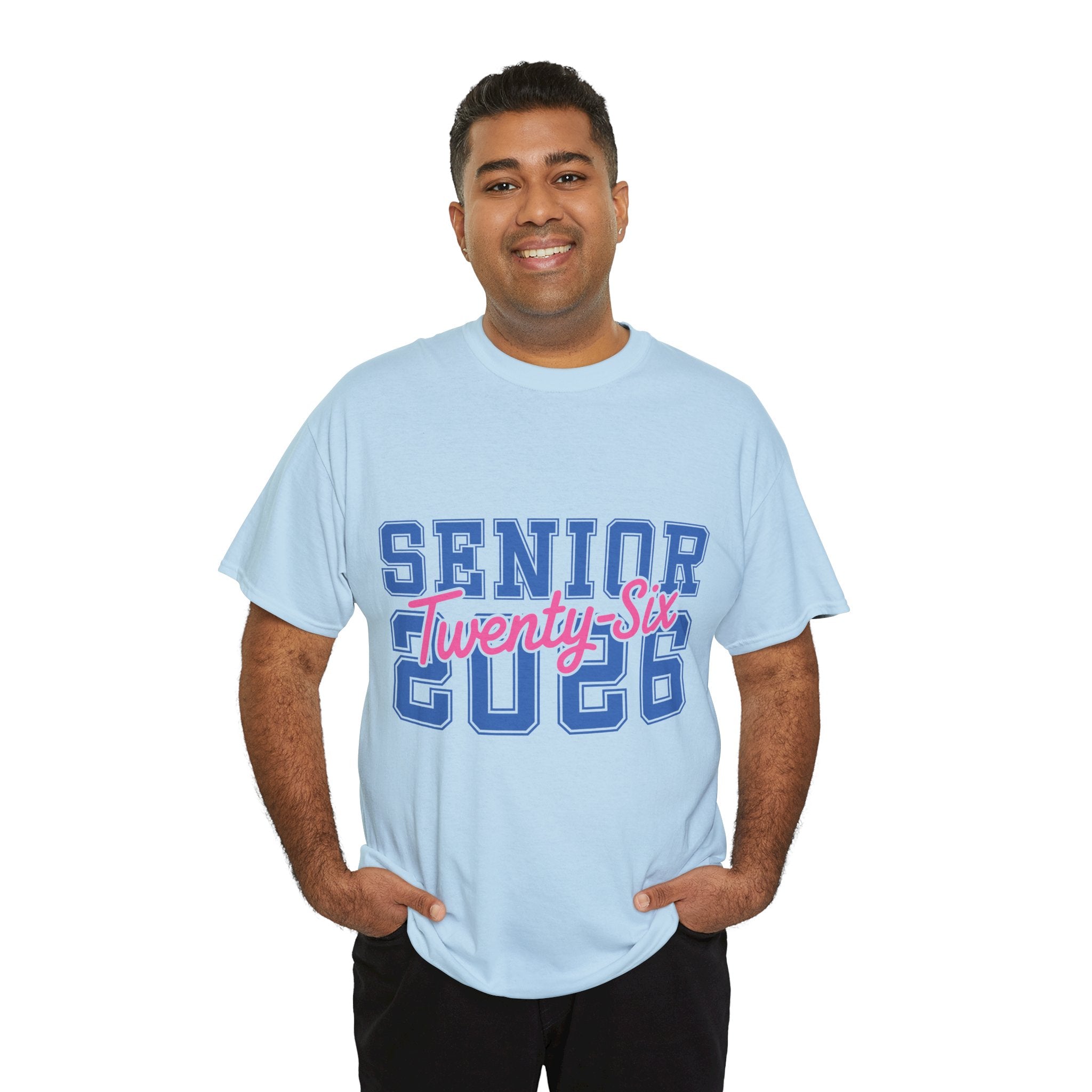 Senior 2026 Tee — Pink Varsity Block with Blue Script Overlay Unisex Cotton Tee