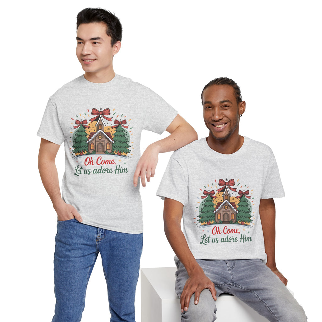 Oh Come Let Us Adore Him Christmas Tee — Church & Trees Holiday Unisex Cotton Tshirt