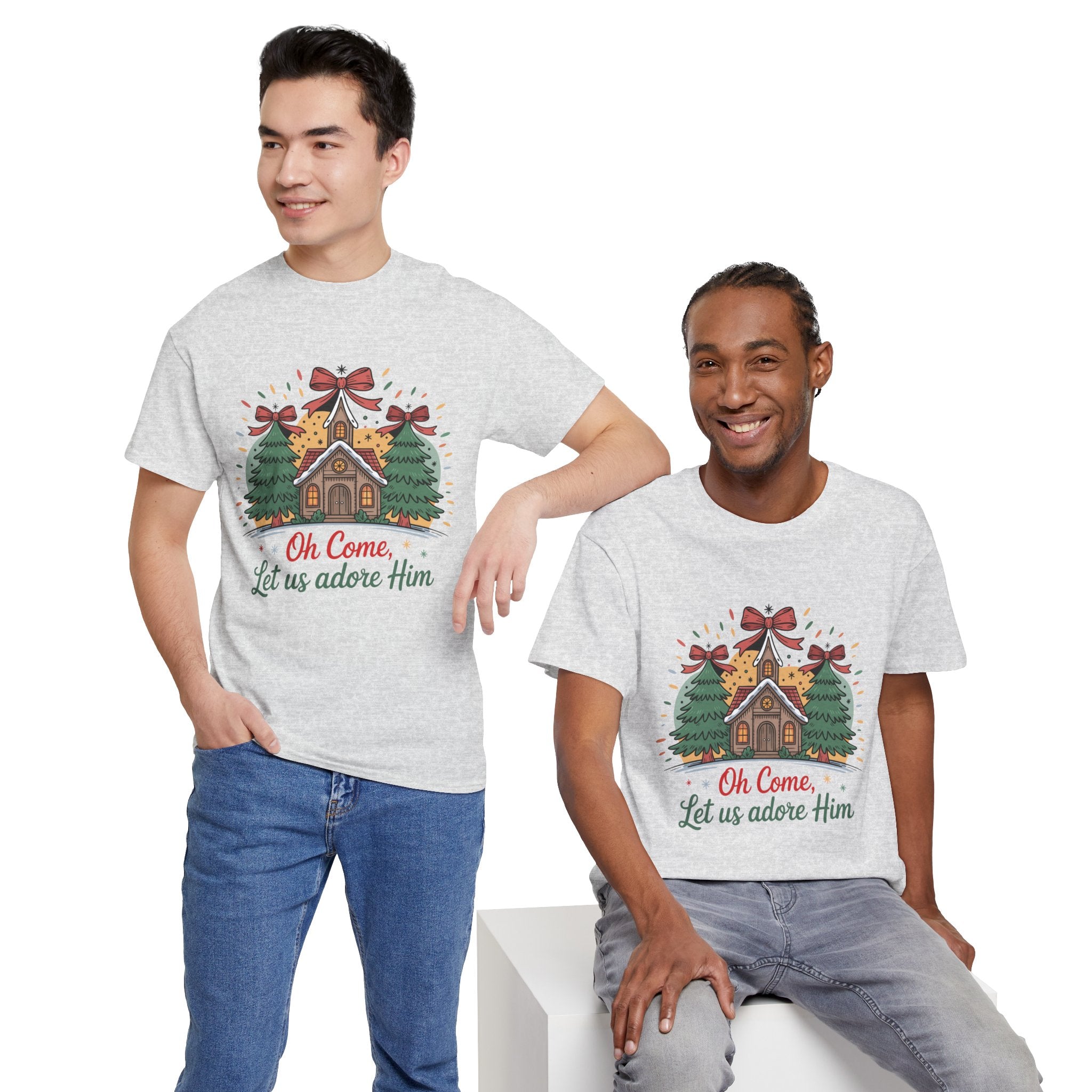 Oh Come Let Us Adore Him Christmas Tee — Church & Trees Holiday Unisex Cotton Tshirt