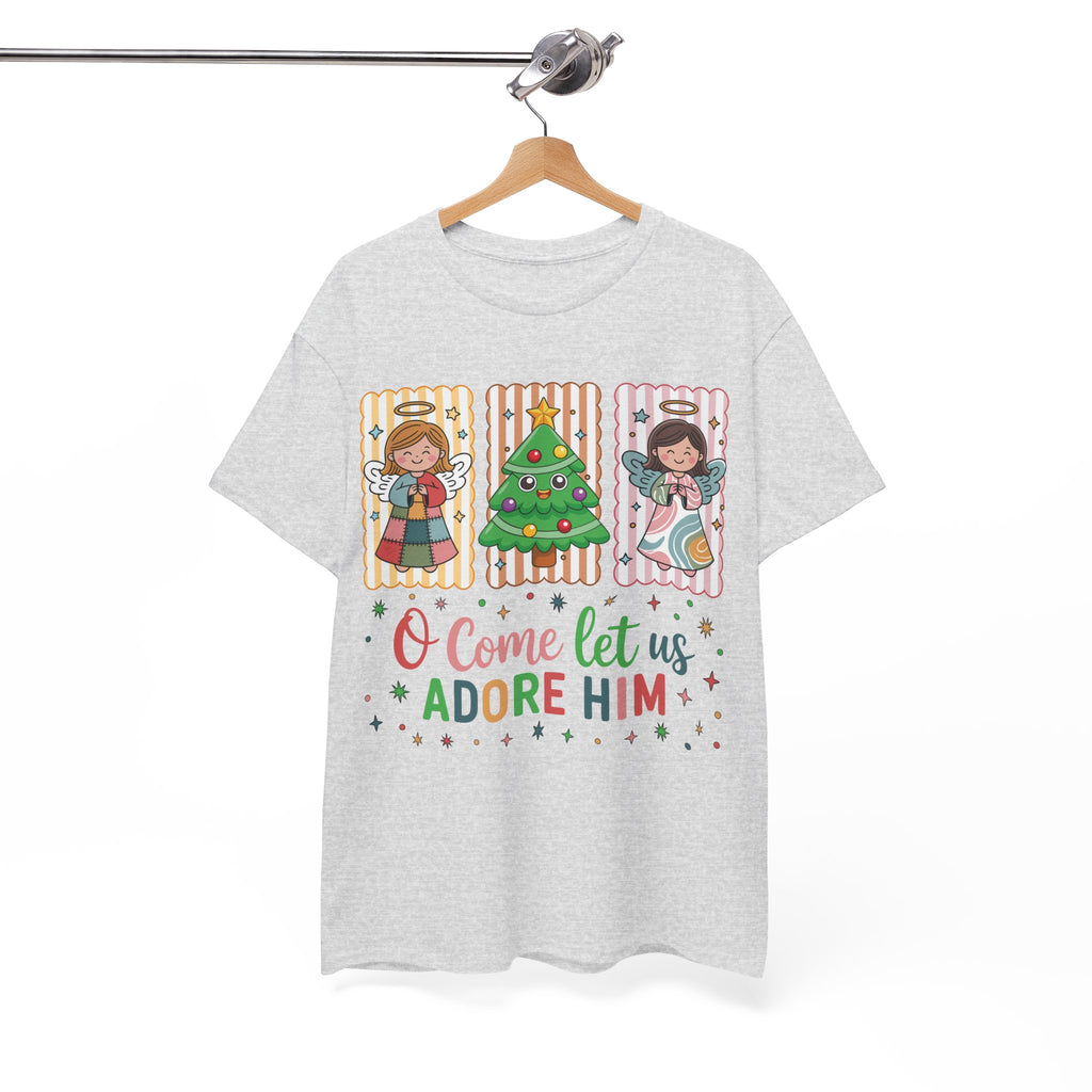 O Come Let Us Adore Him Christmas Tee — Smiling Angels & Happy Tree..Unisex Cotton Tee