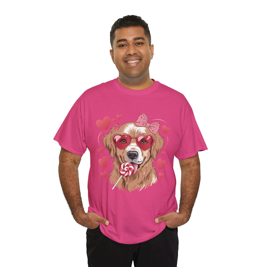 Valentine Dog T-Shirt — Cute Pup with Heart Glasses, Pink Bow & Lollipop..Unisex Cotton Tee