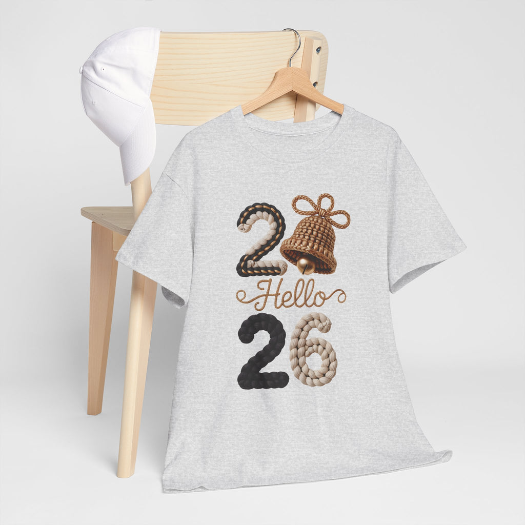 Hello 2026 Tee — Cozy Faux Yarn Braided Numbers with Woven Golden Bell..Unisex Cotton Tee