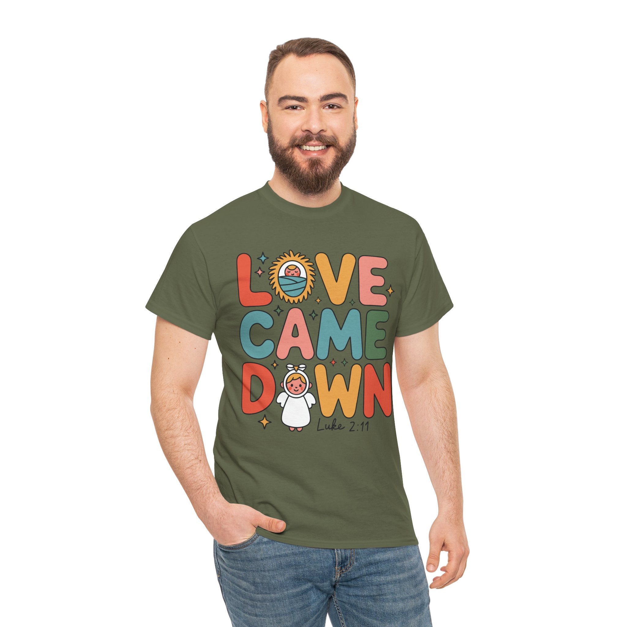 Love Came Down Christmas Tee — Baby Jesus Manger Angel (Luke 2:11)..Unisex Cotton Tee