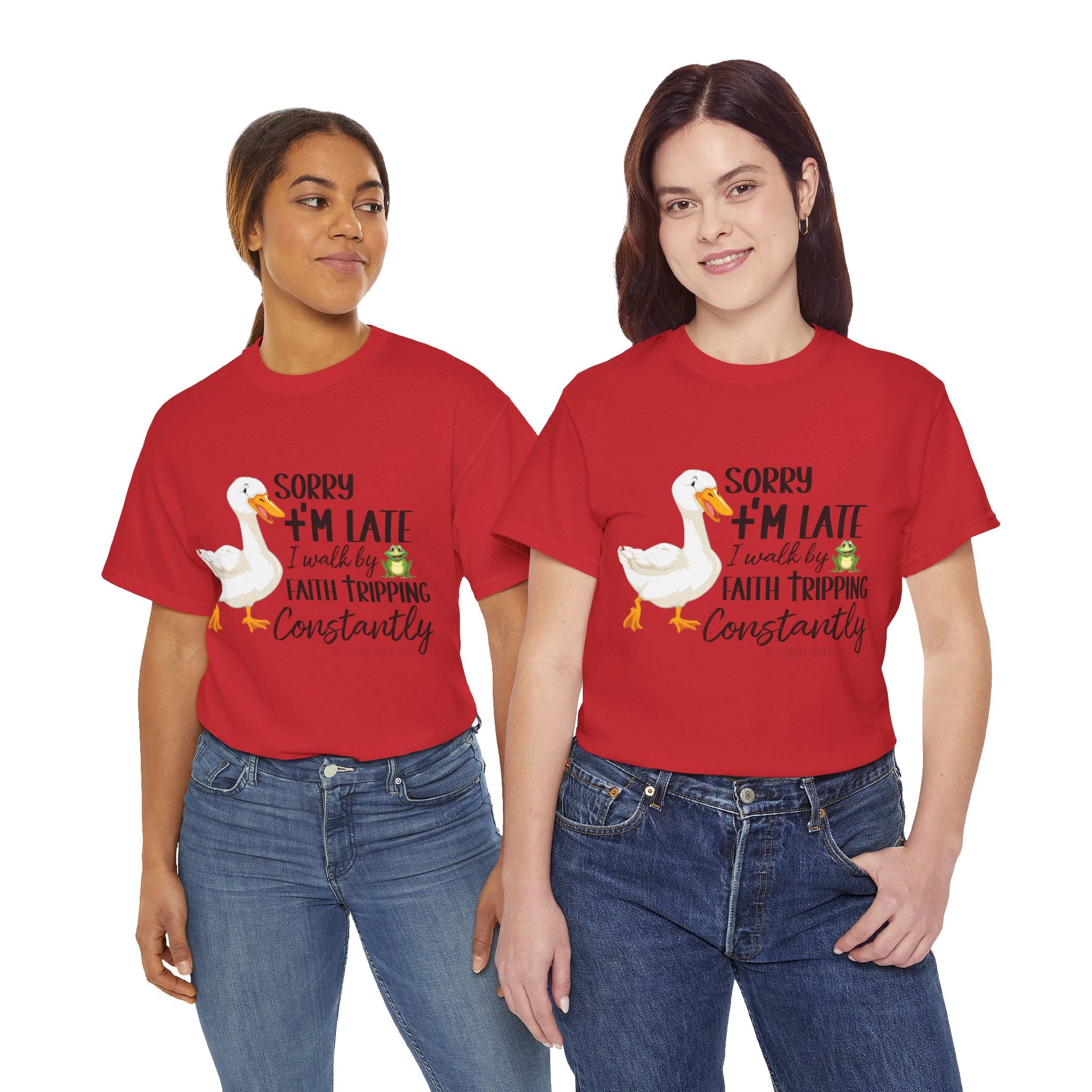 Christian Humor T-Shirt — “Sorry I’m Late, I Walk by Faith Tripping Constantly” (Duck & Frog). Unisex Cotton Tee
