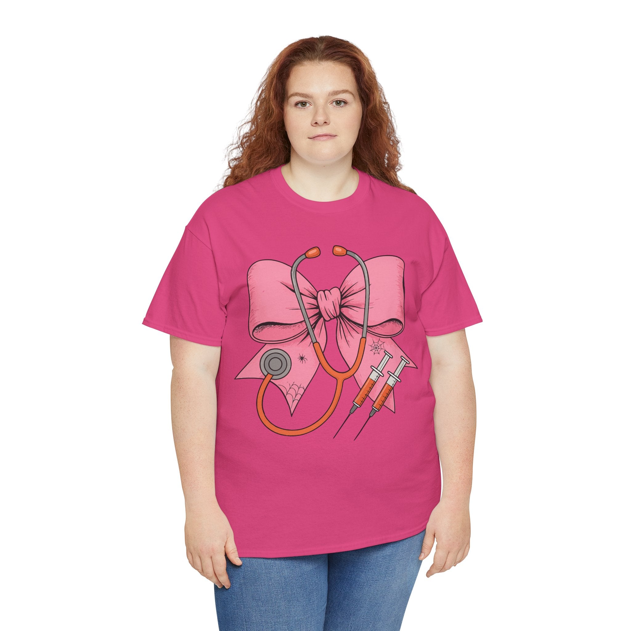 Halloween Nurse T‑Shirt — Pink Nurse Bow with Stethoscope, Syringes & Spider Webs..Unisex Cotton Tee