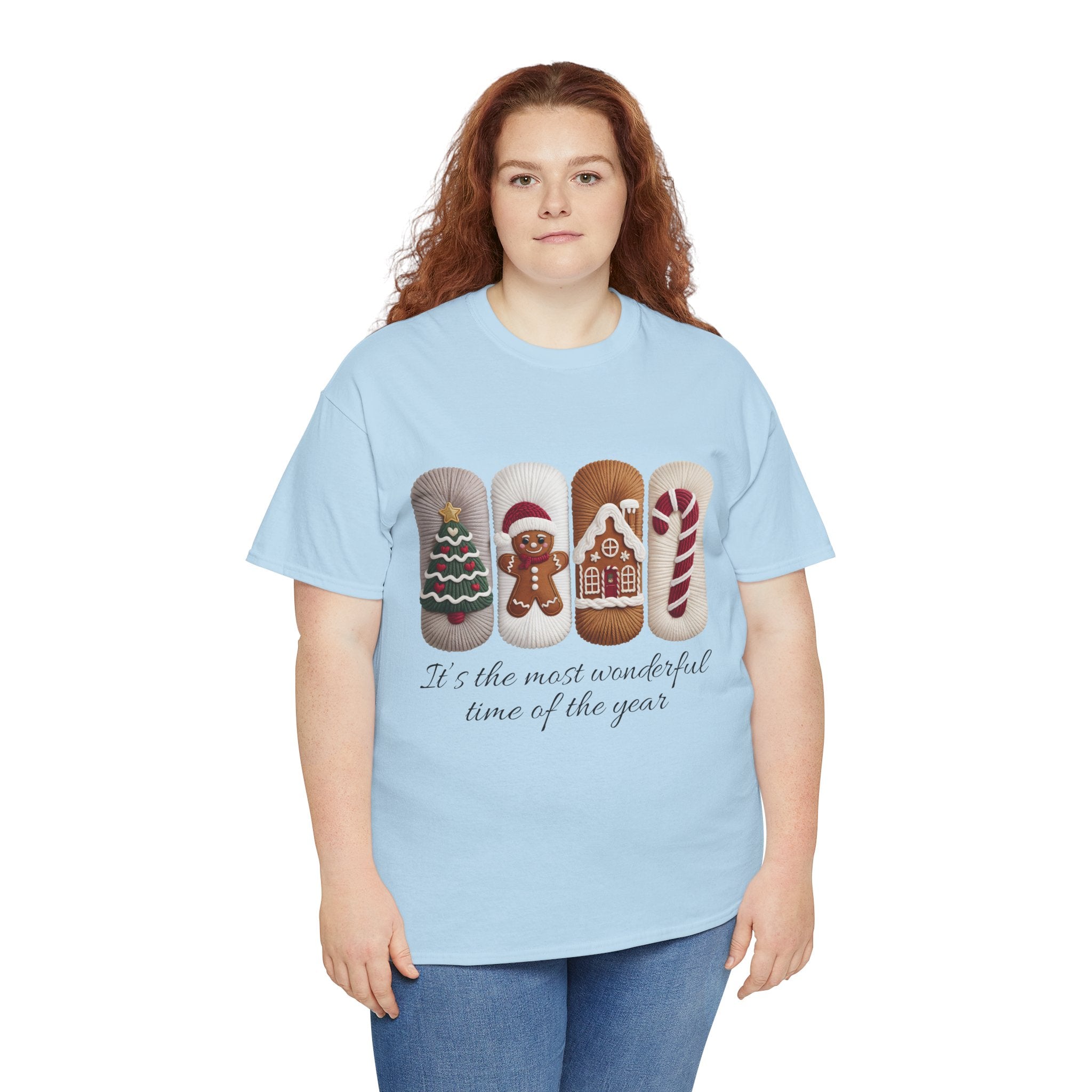 Christmas Faux-Yarn Tree Tee — Gingerbread House & Candy Cane Holiday Unisex Cotton T-Shirt