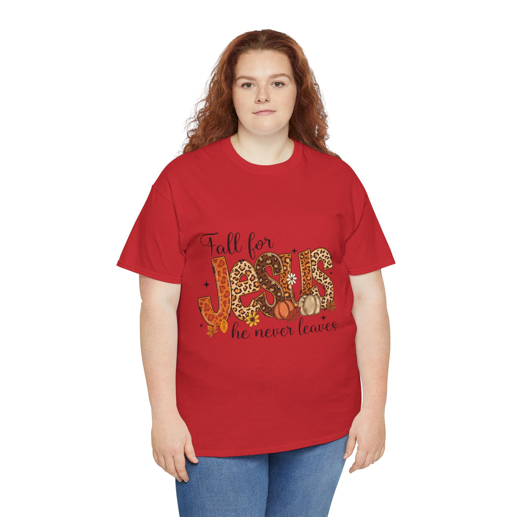 JESUS Leopard Print Fall T-Shirt — Pumpkins, Leaves & Floral Christian Unisex Cotton Tee