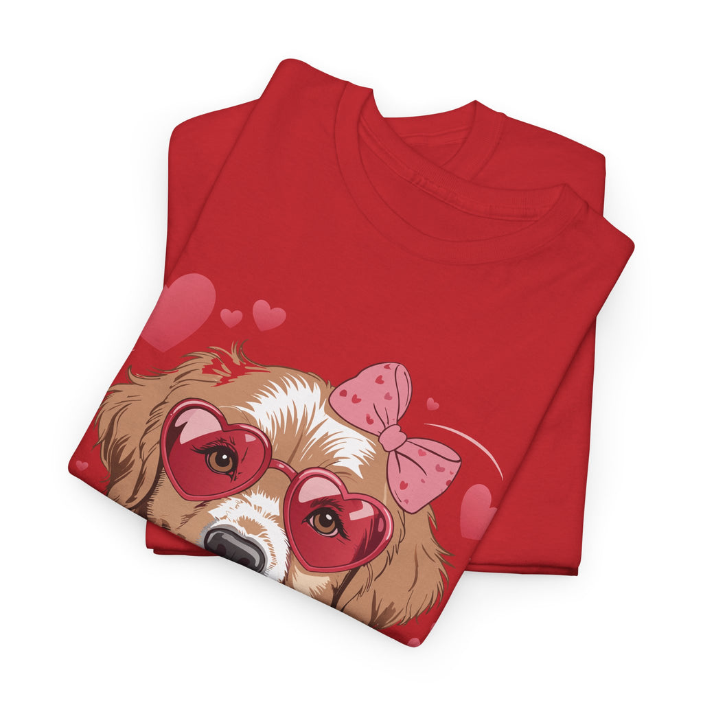 Valentine Dog T-Shirt — Cute Pup with Heart Glasses, Pink Bow & Lollipop..Unisex Cotton Tee