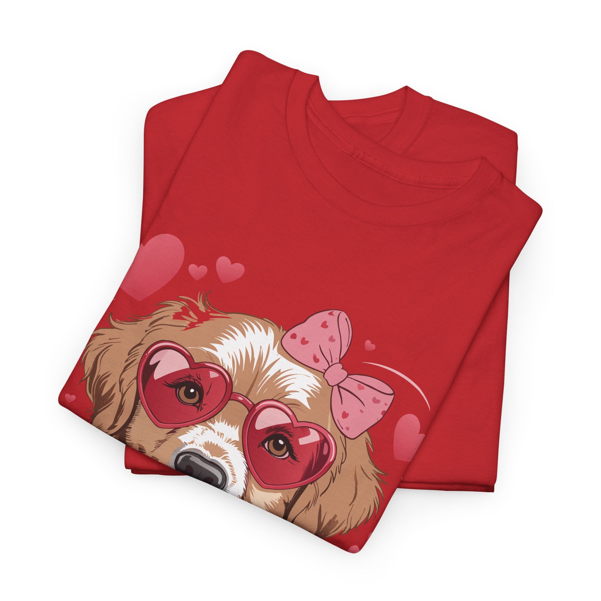 Valentine Dog T-Shirt — Cute Pup with Heart Glasses, Pink Bow & Lollipop..Unisex Cotton Tee