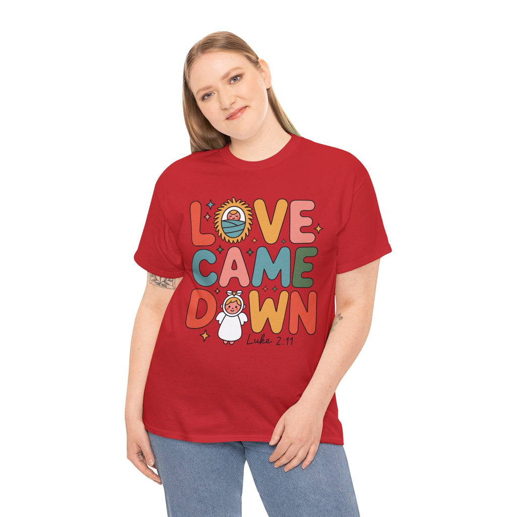 Love Came Down Christmas Tee — Baby Jesus Manger Angel (Luke 2:11)..Unisex Cotton Tee