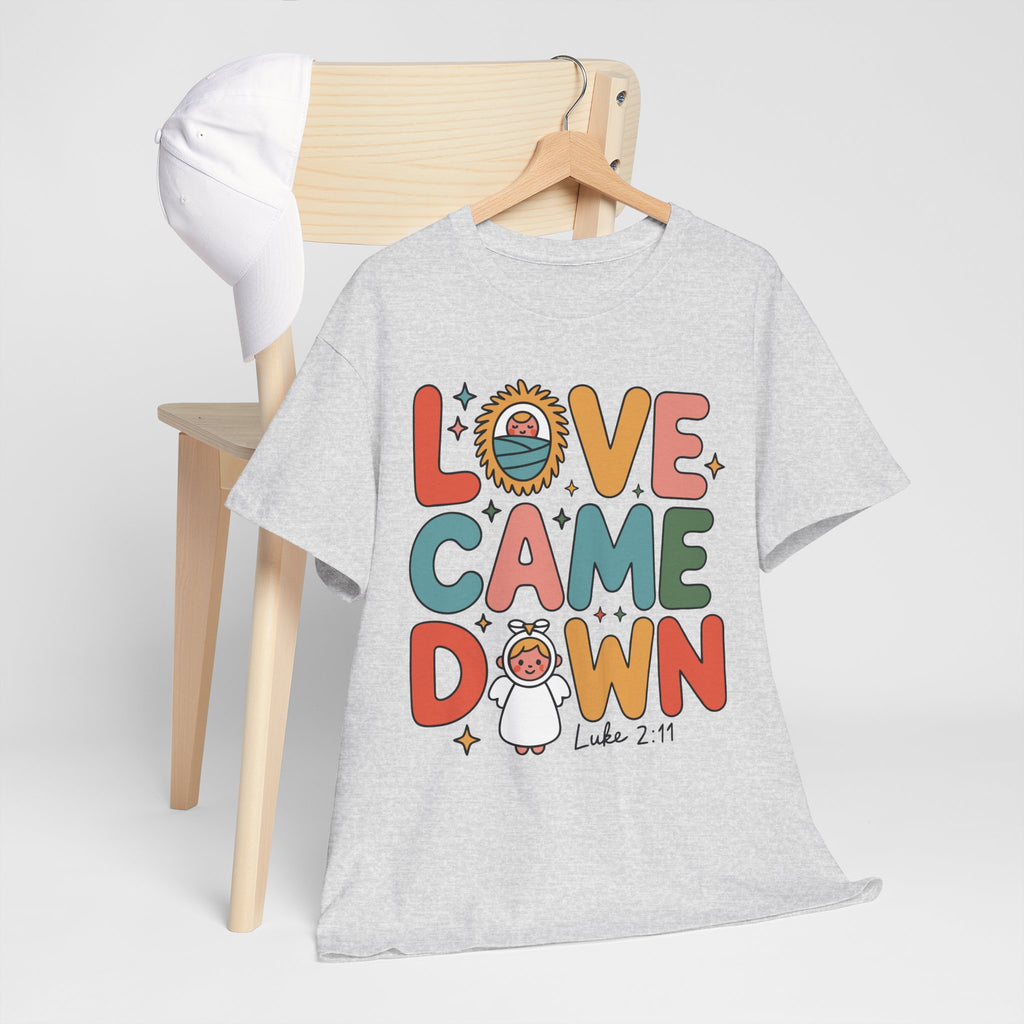 Love Came Down Christmas Tee — Baby Jesus Manger Angel (Luke 2:11)..Unisex Cotton Tee