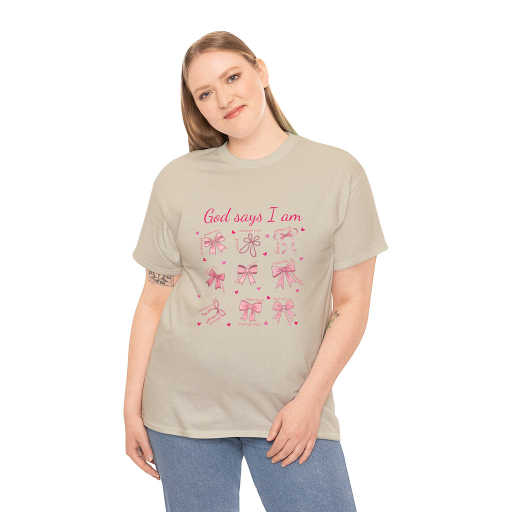 God Says I Am Christian Tee — Pink Affirmation T-Shirt with Bible Verse Bows.Unisex Cotton Tee