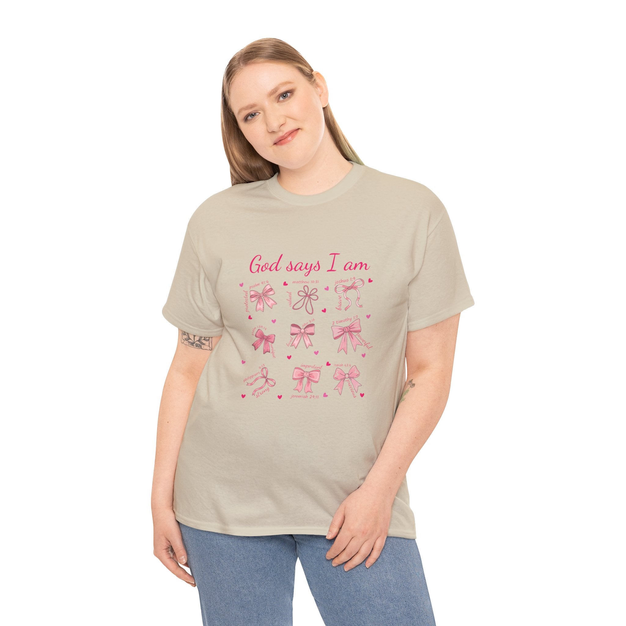 God Says I Am Christian Tee — Pink Affirmation T-Shirt with Bible Verse Bows.Unisex Cotton Tee