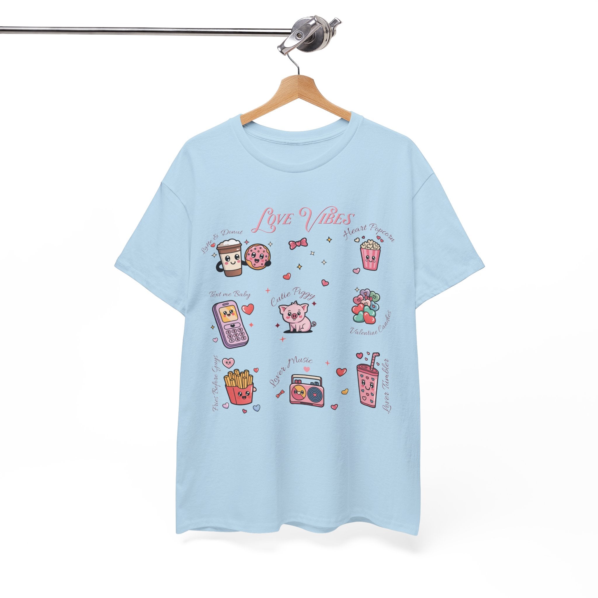 Love Vibes Kawaii Valentine T-Shirt — Cute Donut, Coffee & Piglet Design Unisex Cotton Tee