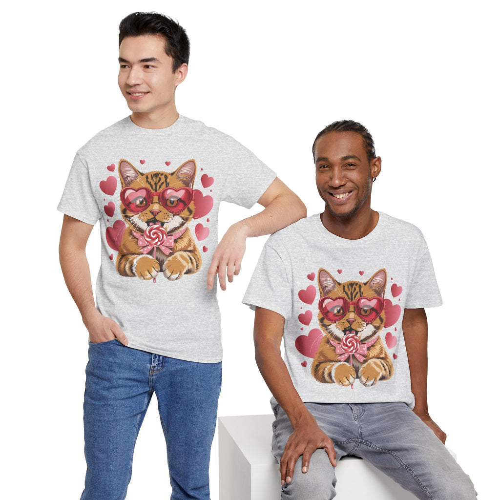 Valentine Cat Tee — Heart Glasses, Lollipop Bow Unisex Cotton Tee