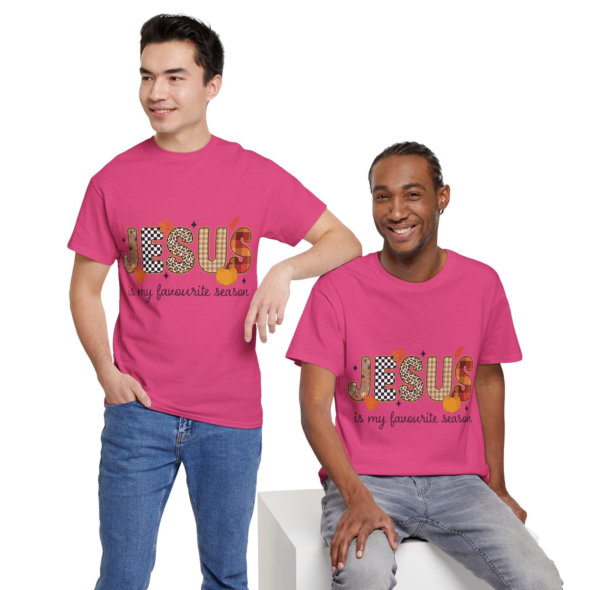 Jesus Is My Favorite Season Tee — Autumn Plaid & Leopard Lettering Unisex Cotton Tee