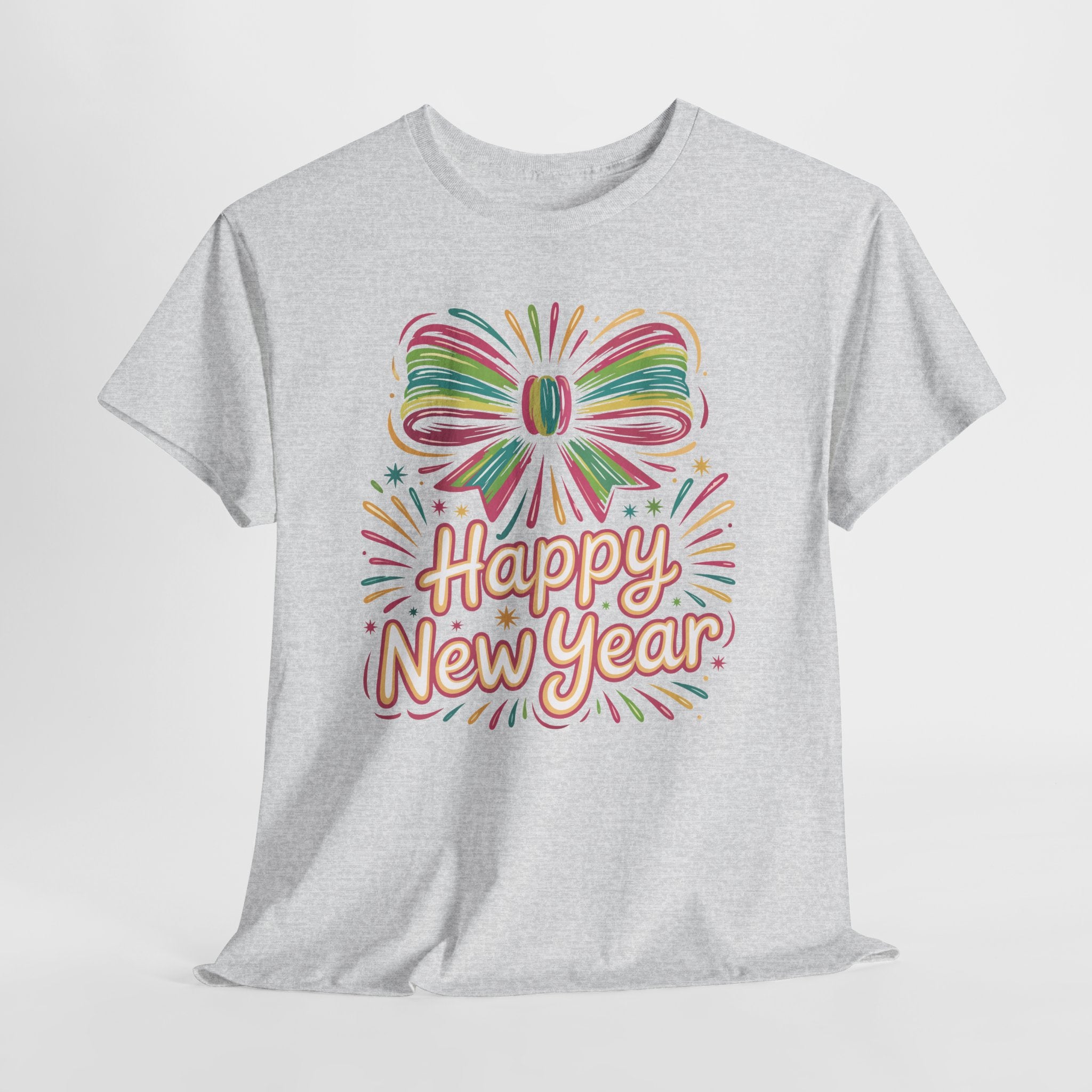 Happy New Year Pastel Tee — Rainbow Bow & Fireworks Celebration Unisex Cotton Tshirt