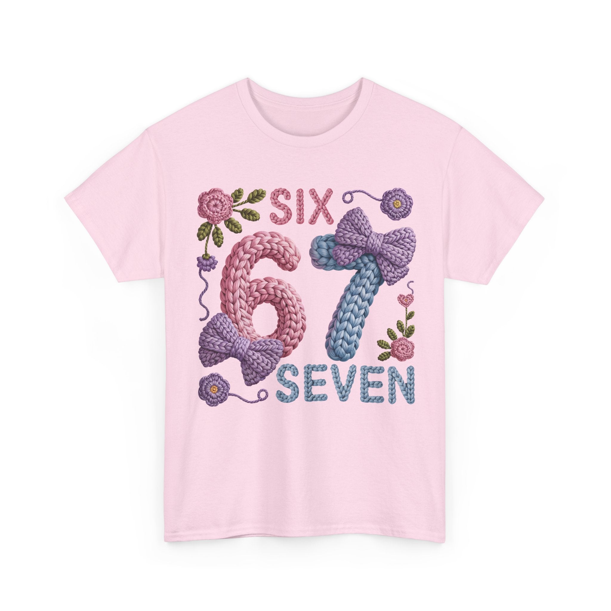 Pastel Crochet Numbers 6 & 7 Tee — Faux-Yarn Bows & Flowers. Unisex Cotton Tee