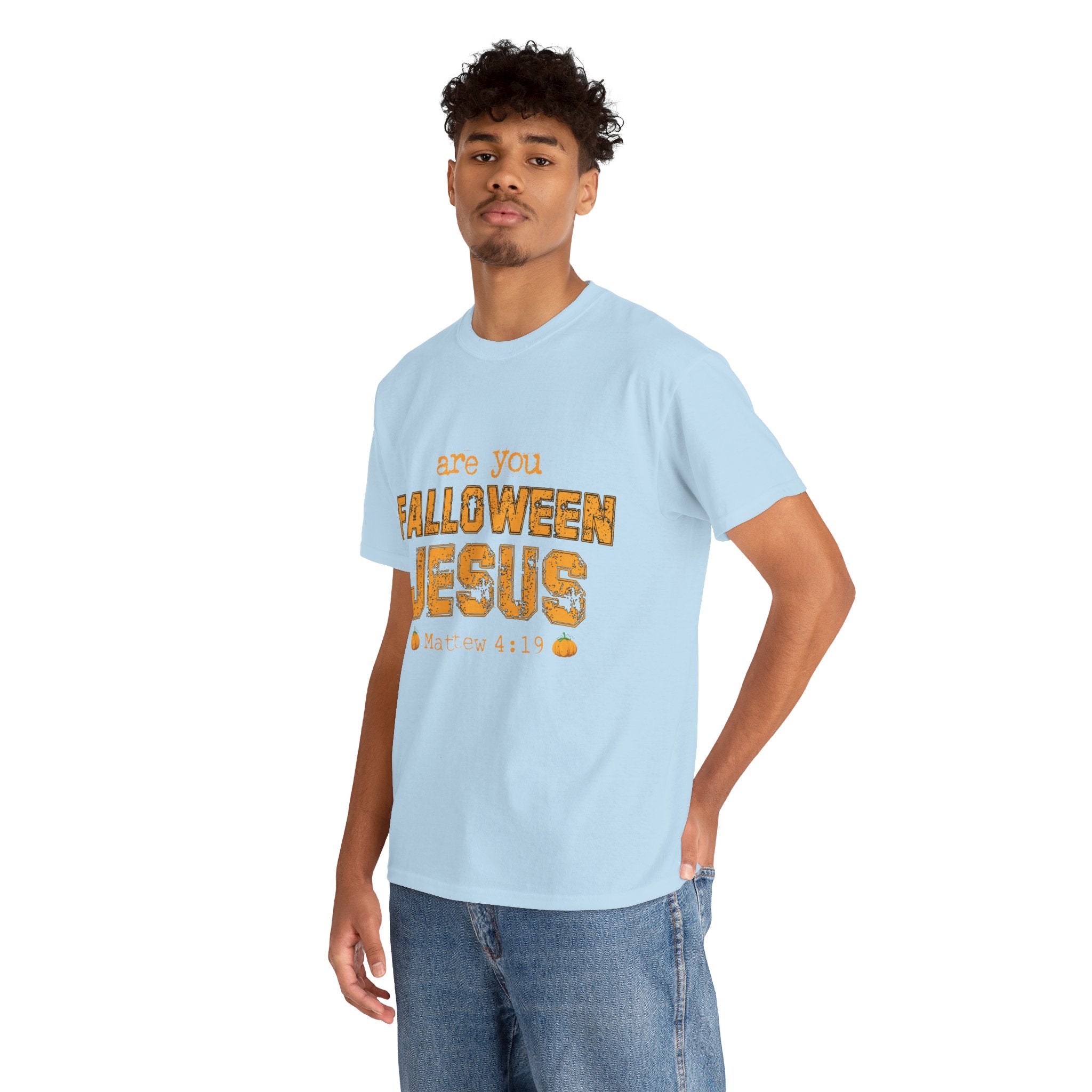 Christian Halloween T-Shirt — “Are You Falloween Jesus? Matthew 4:19” Distressed Pumpkin Design. Unisex Cotton Tee
