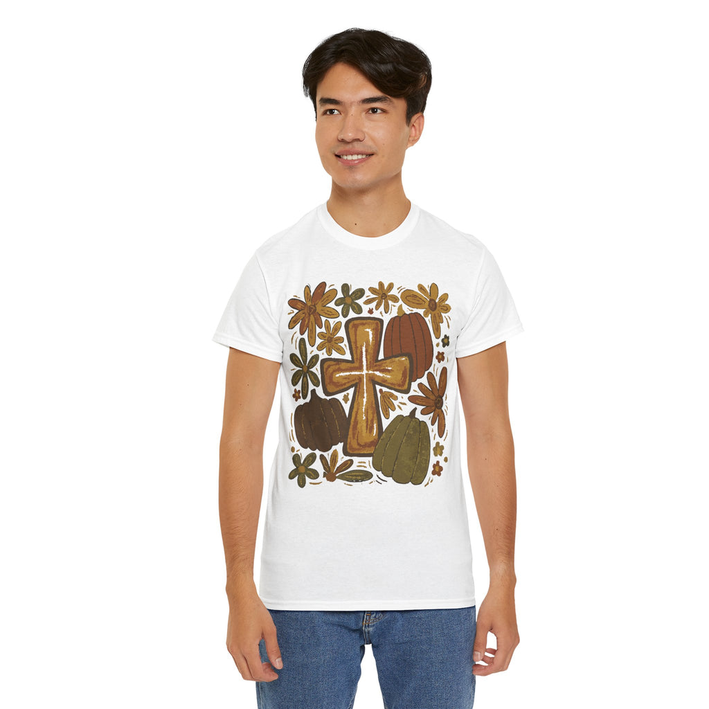 Autumn Cross Tee — Rustic Pumpkin & Fall Floral Christian Unisaex Cotton T-Shirt