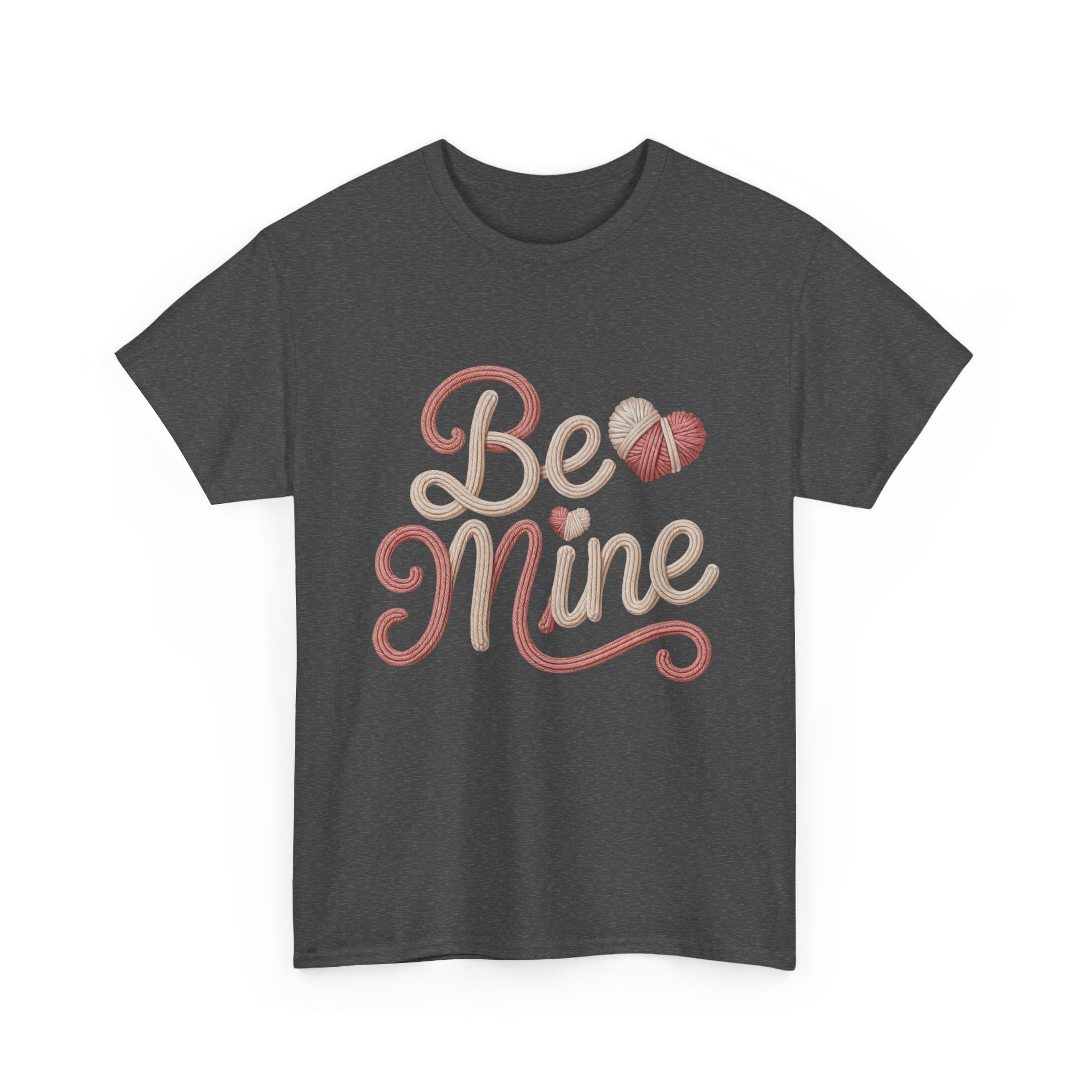Be Mine Yarn Heart T-Shirt — Valentine’s Faux-Yarn Pink & Cream Unisex Cotton Tee