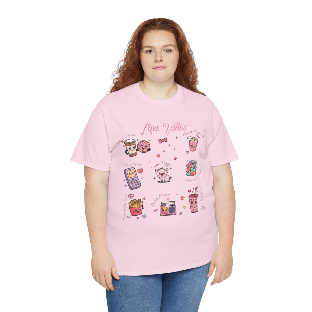 Love Vibes Kawaii Valentine T-Shirt — Cute Donut, Coffee & Piglet Design Unisex Cotton Tee