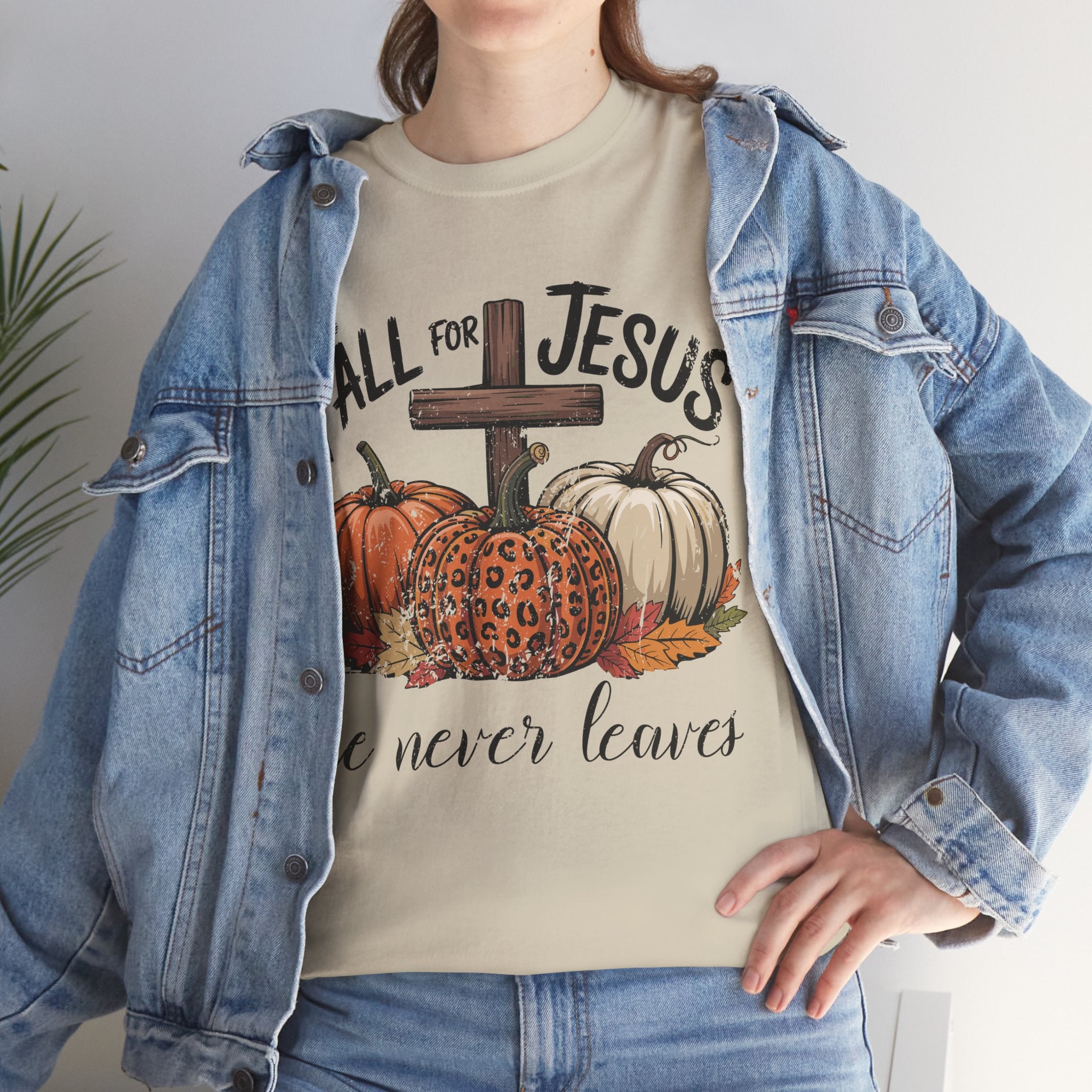 Fall for Jesus Pumpkin Cross Tee — "He Never Leaves" Autumn Christian Unisex Cotton T-Shirt