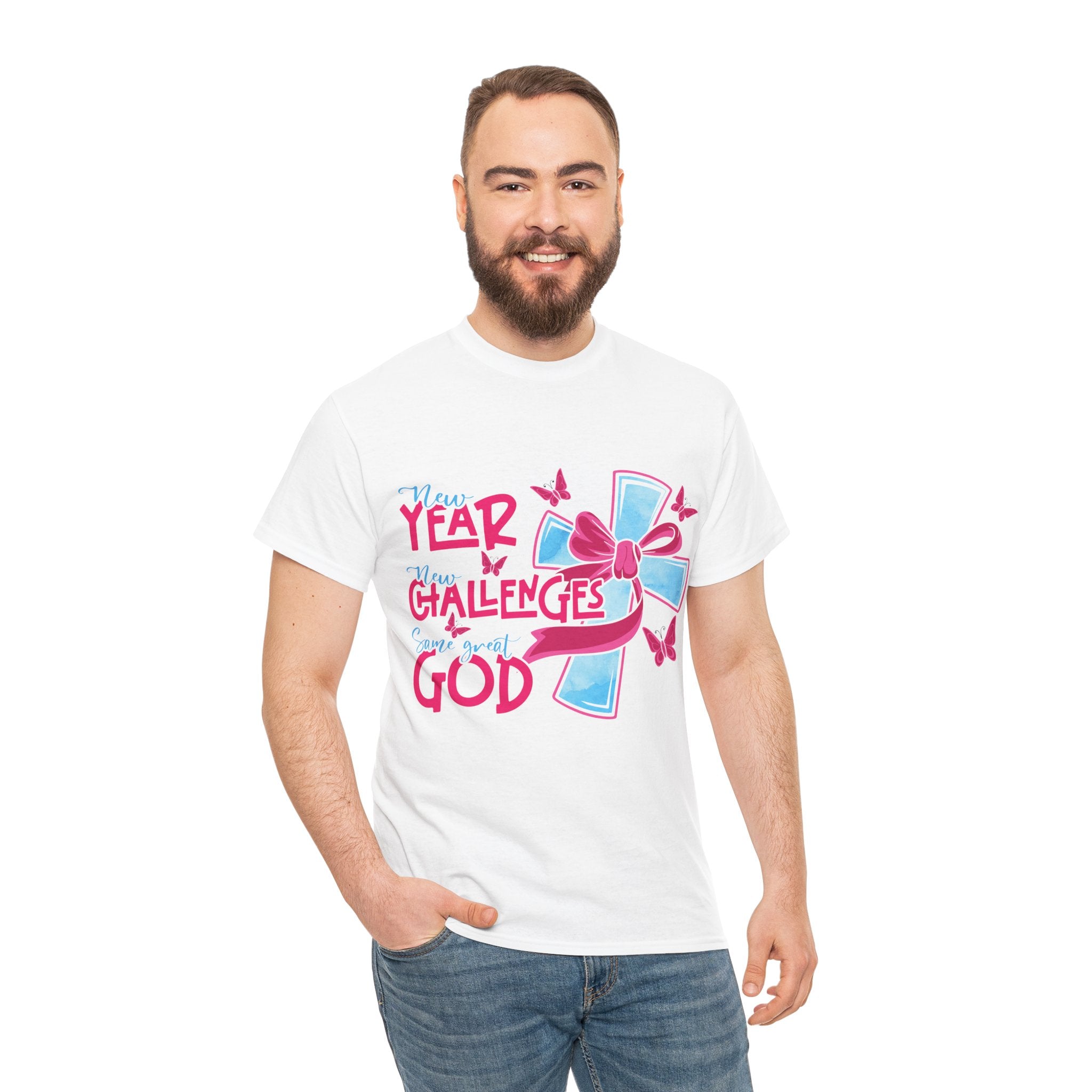 Christian T-Shirt — “New Year, New Challenges, Same Great God” with Pink Bow Cross & Butterflies. Unisex Cotton Tee