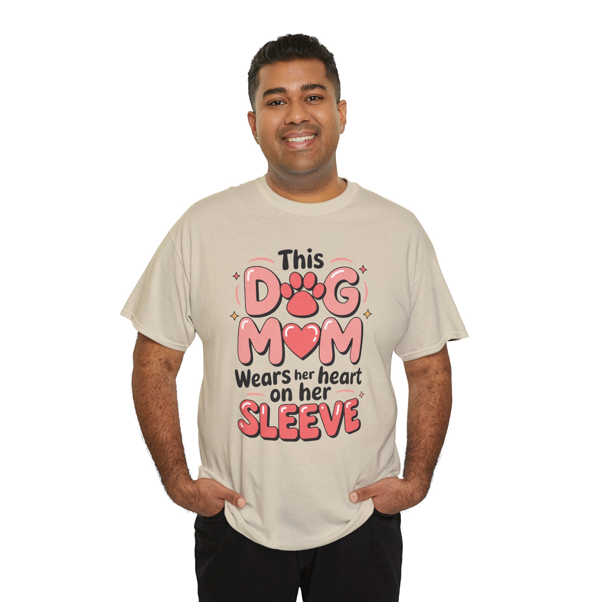 Dog Mom T-Shirt — "This Dog Mom Wears Her Heart on Her Sleeve" Paw & Heart Unisex Cotton Tee