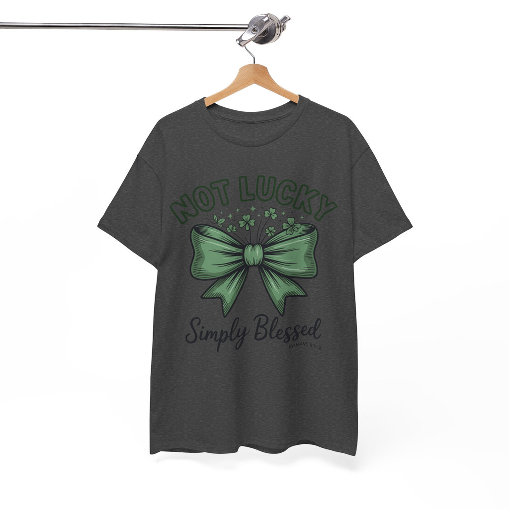 Not Lucky, Simply Blessed T-Shirt — Green Bow & Clovers St. Patrick’s Unisex Cotton Tee