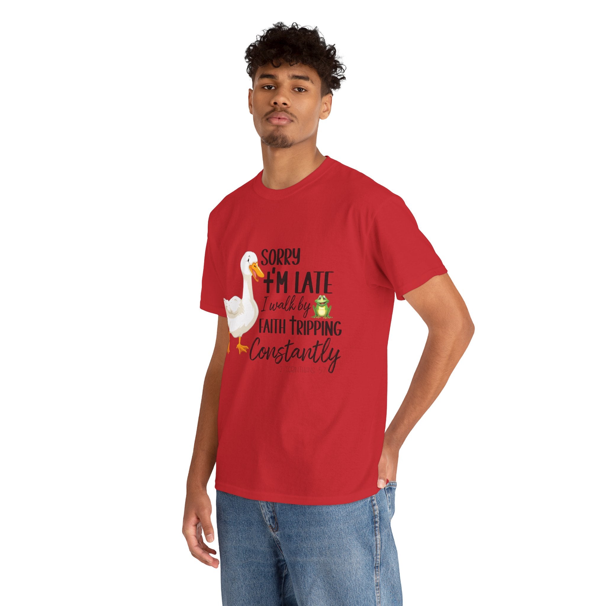 Christian Humor T-Shirt — “Sorry I’m Late, I Walk by Faith Tripping Constantly” (Duck & Frog). Unisex Cotton Tee