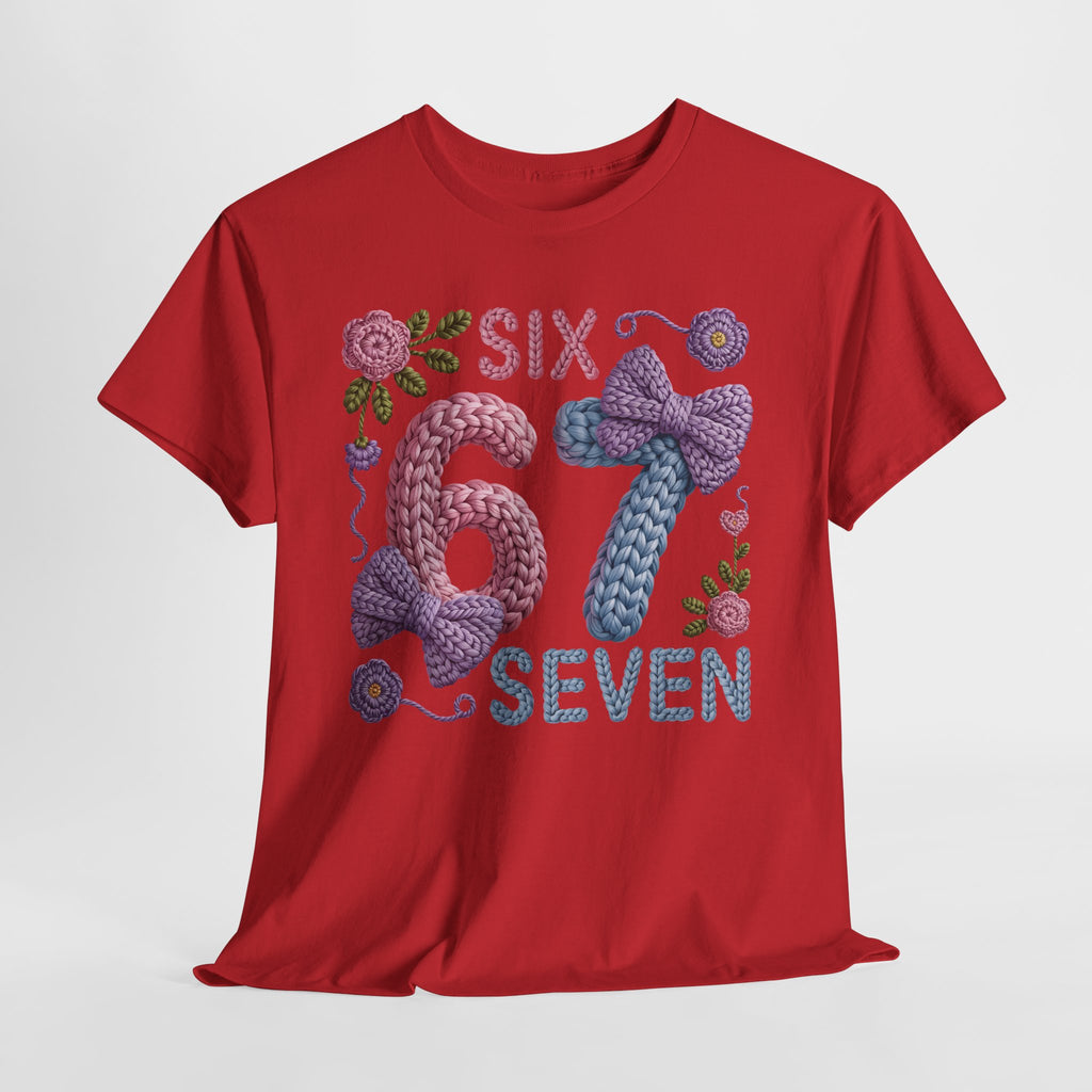 Pastel Crochet Numbers 6 & 7 Tee — Faux-Yarn Bows & Flowers. Unisex Cotton Tee
