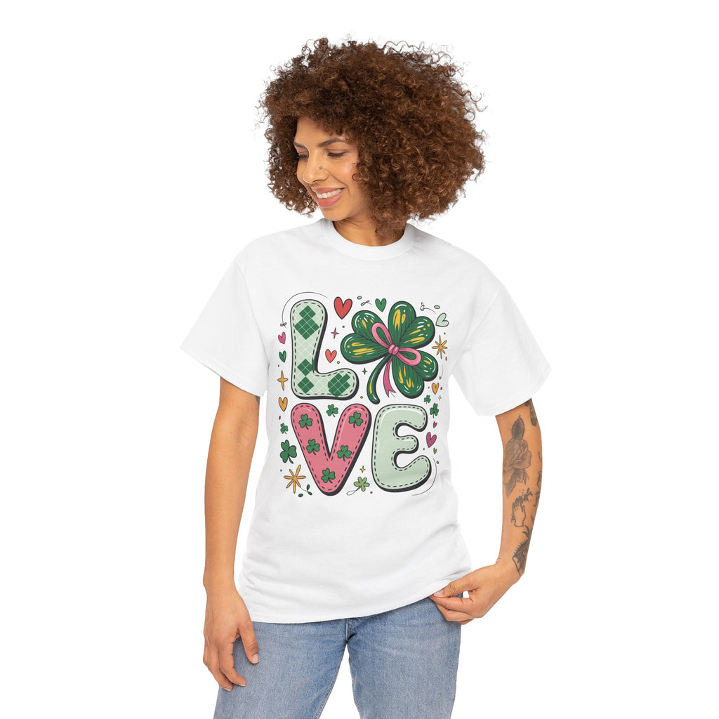 Stitched Clover 'LOVE' Tee — Heart & Patchwork St. Patrick's Unisex Cotton T-Shirt
