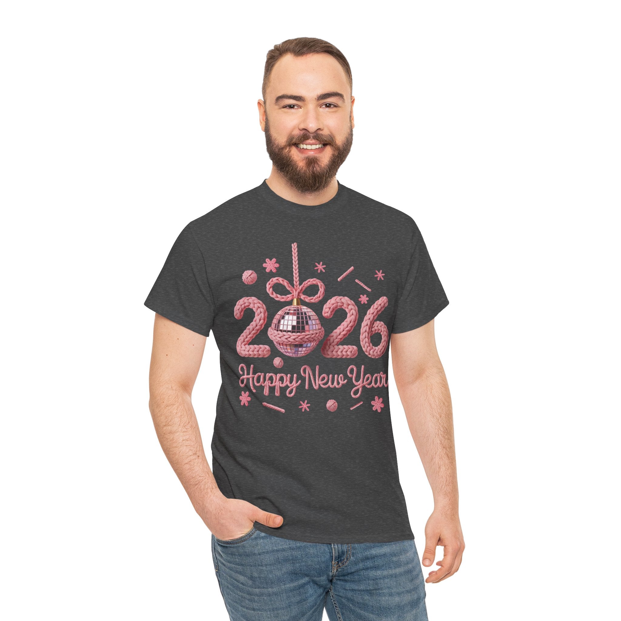 2026 Happy New Year Pink Knitted Disco Ball Unisex Cotton Tee