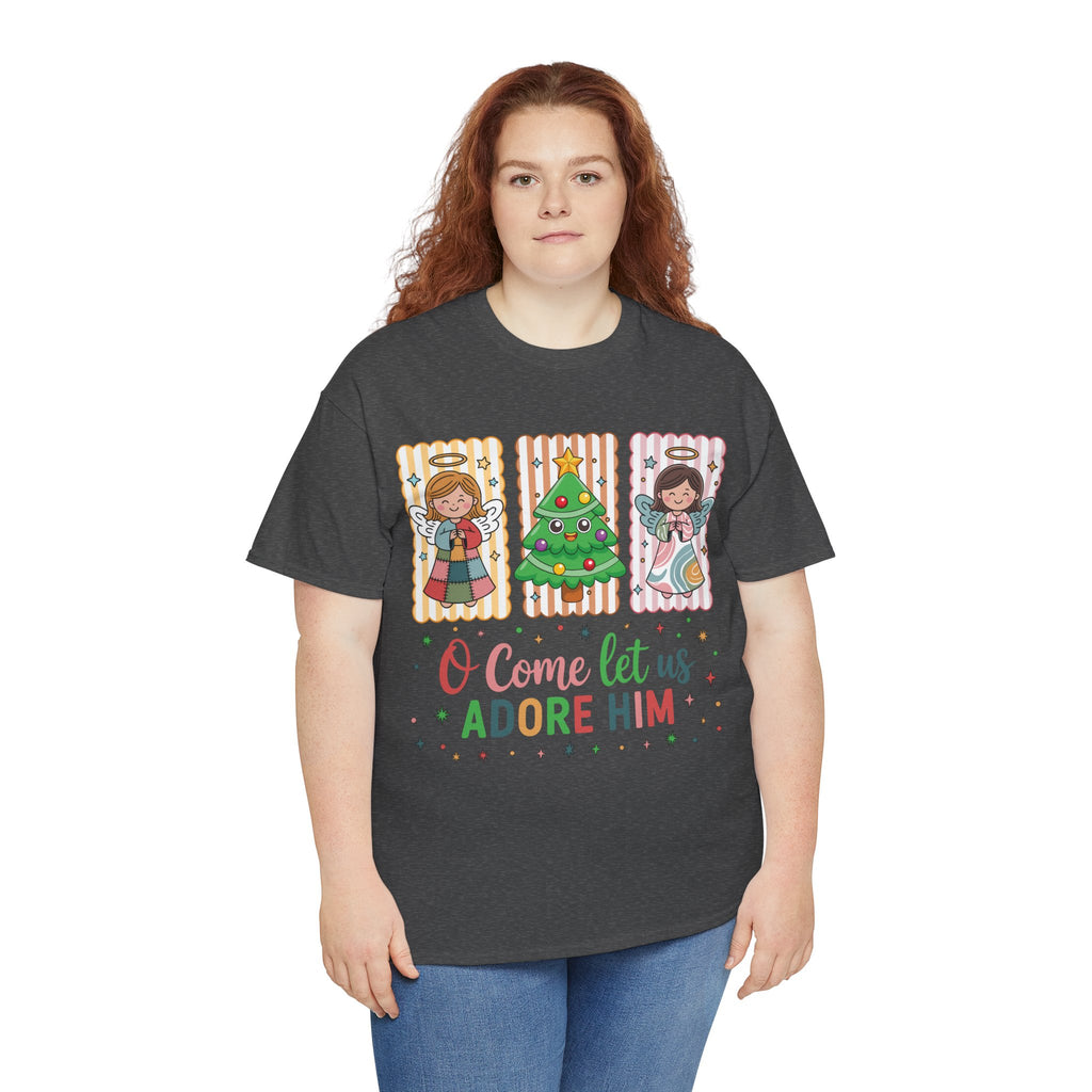 O Come Let Us Adore Him Christmas Tee — Smiling Angels & Happy Tree..Unisex Cotton Tee