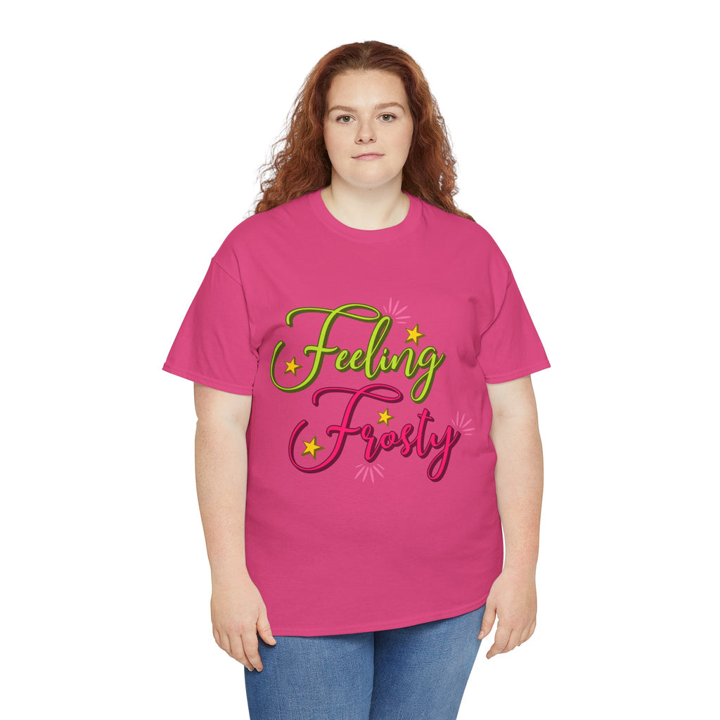 Feeling Frosty Holiday T-Shirt — Green & Pink Script Stars.Unisex Cotton Tee