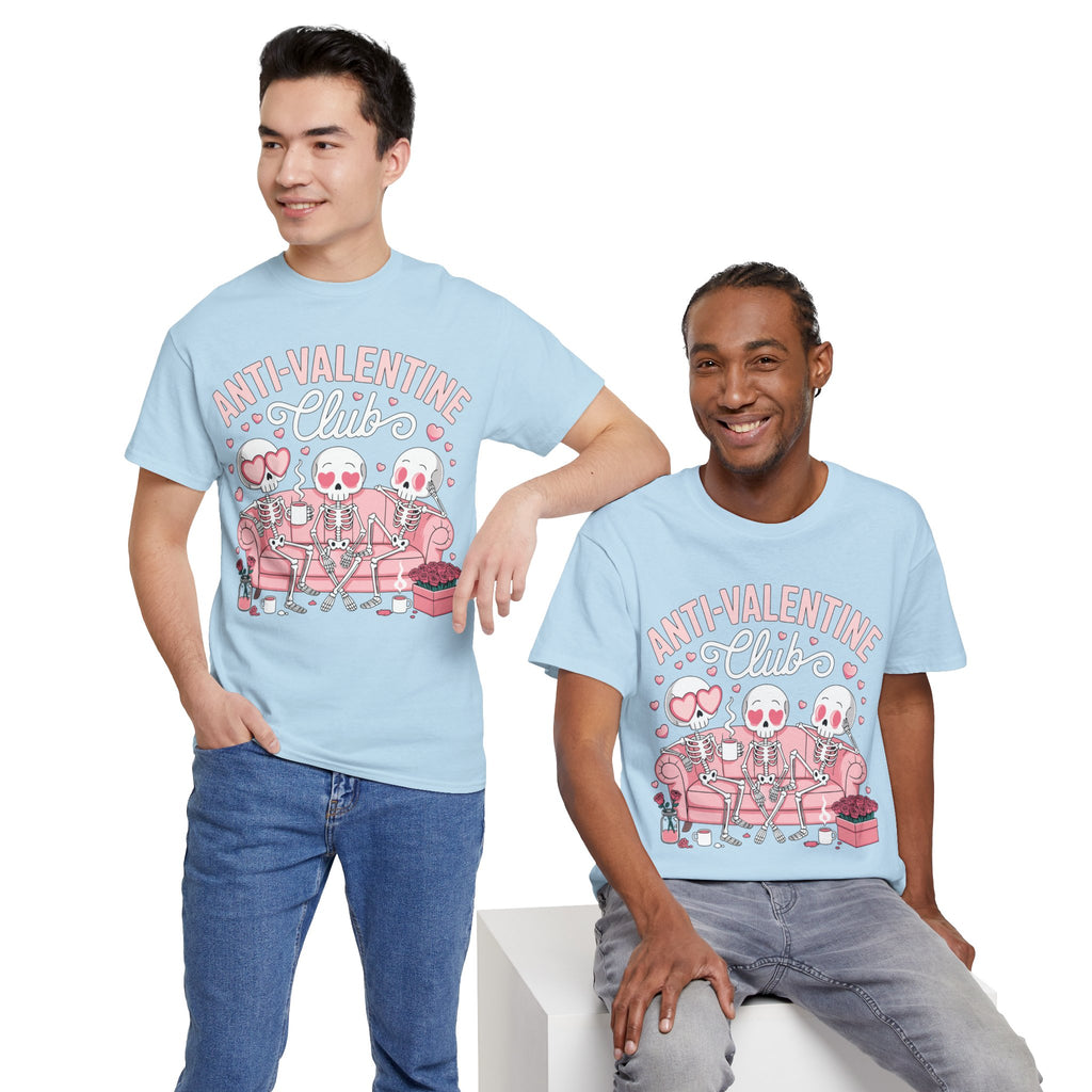 Anti-Valentine Club Skeleton Tee — Anti-Romance Pink Couch Graphic Unisex Cotton T-Shirt
