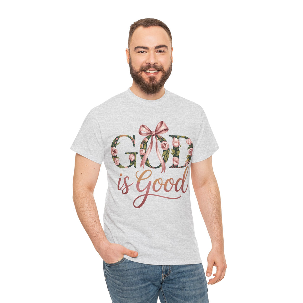 God Is Good Pink Rose Tee — Floral Ribbon Faith Unisex Cotton T-Shirt