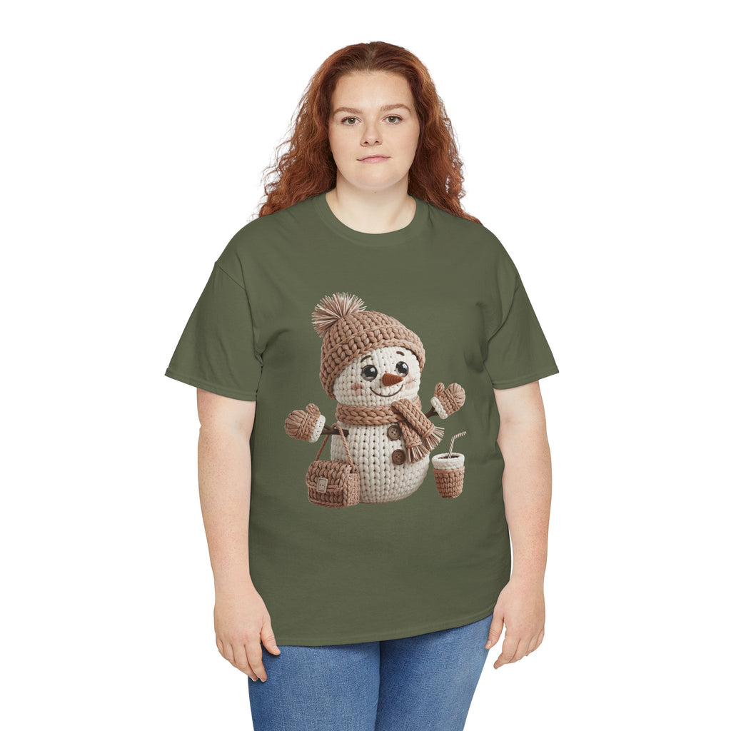 Snowman Knit‑Style Graphic Tee — Cute Faux‑Yarn Snowman with Hat, Scarf & Mittens.Unisex Cotton Tee