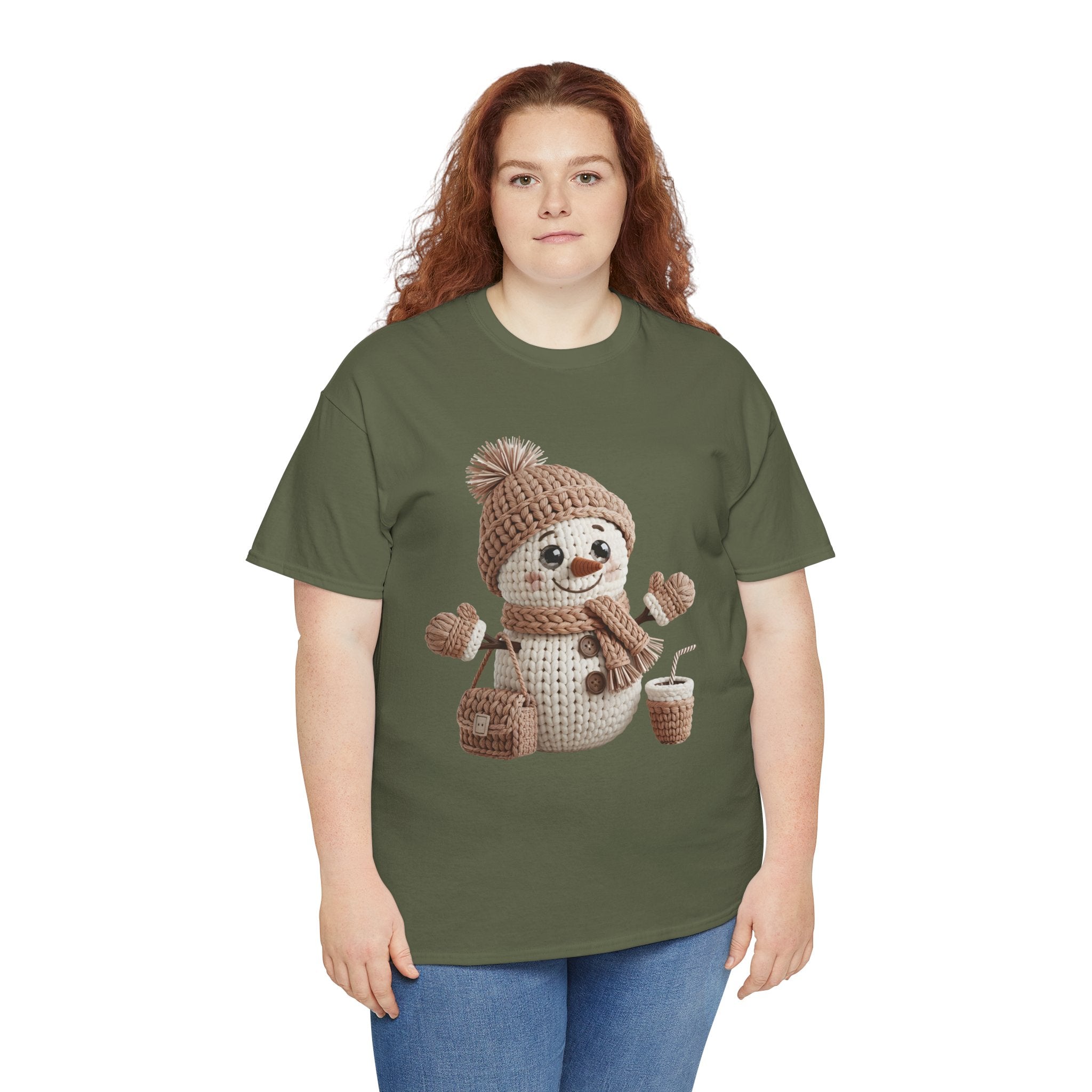 Snowman Knit‑Style Graphic Tee — Cute Faux‑Yarn Snowman with Hat, Scarf & Mittens.Unisex Cotton Tee